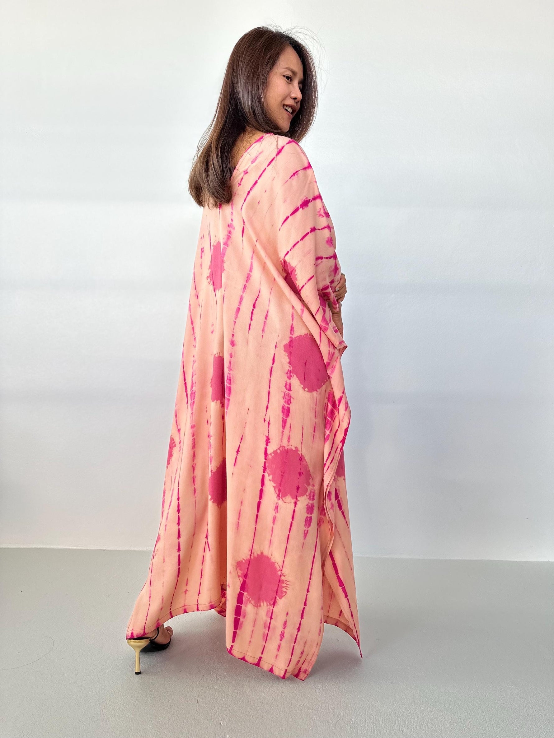 Mala Handworks Mala Kaftan in Peach & Watermelon Polka Dot Tie Dye