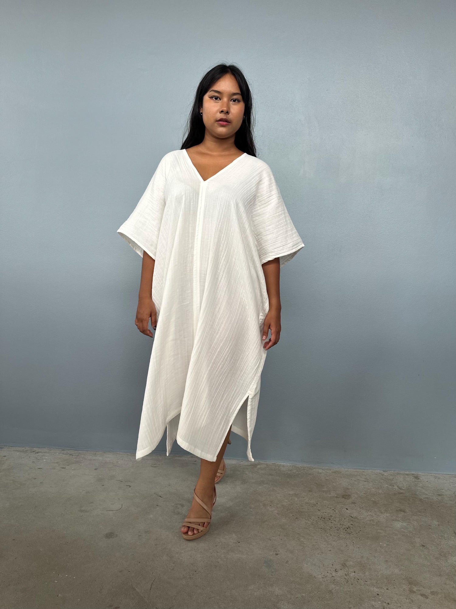 Skye Double Gauze Cotton Midi Kaftan in Natural White