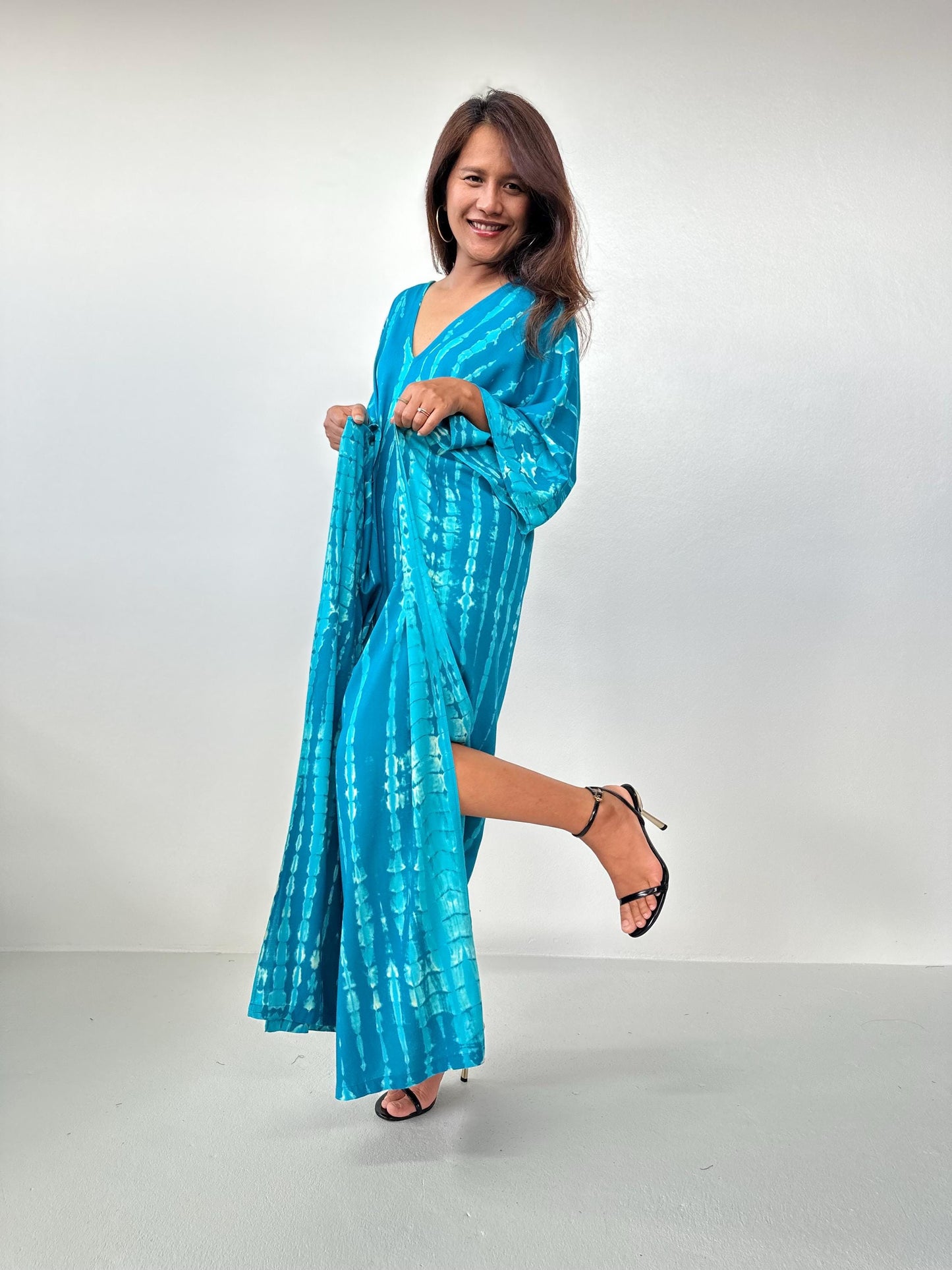 Mala Kaftan in Teal Aqua Blue with off White Tie Dye