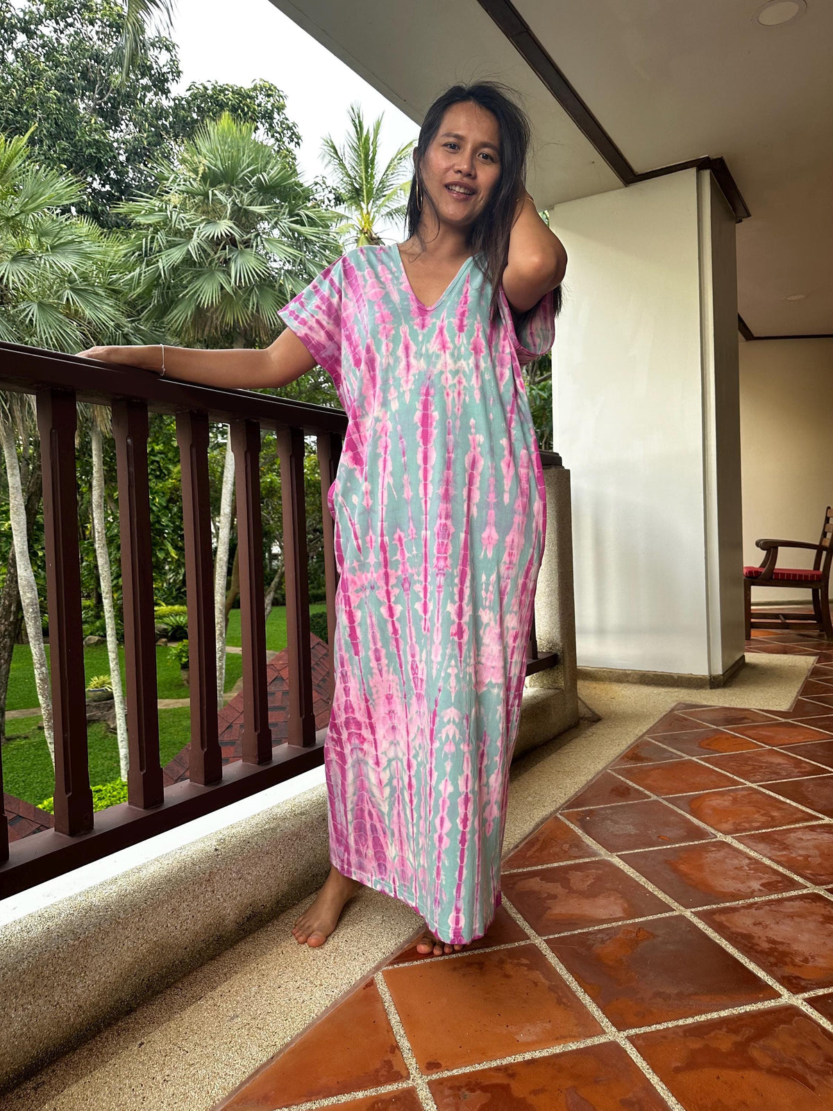Alisa Petite Cotton Kaftan in Aqua and Fuchsia Tie Dye
