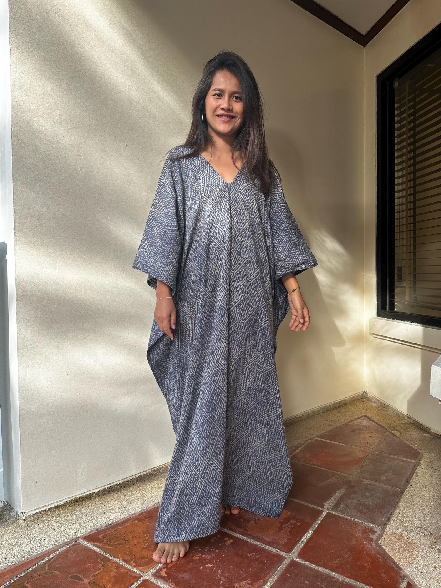 Evelyn Cotton Kaftan in Indigo Micro Lattice