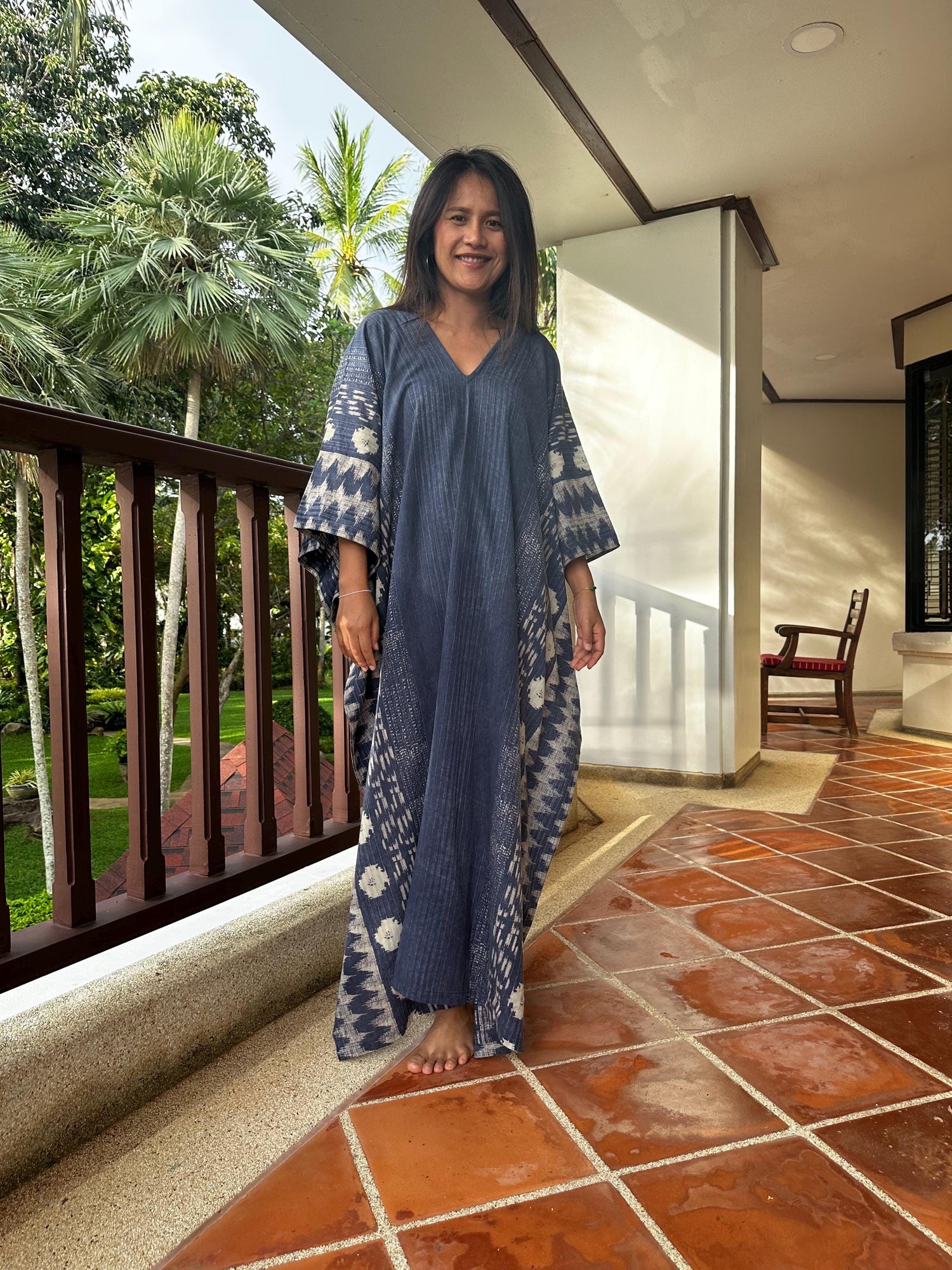 Evelyn Cotton Kaftan in Indigo Tessera