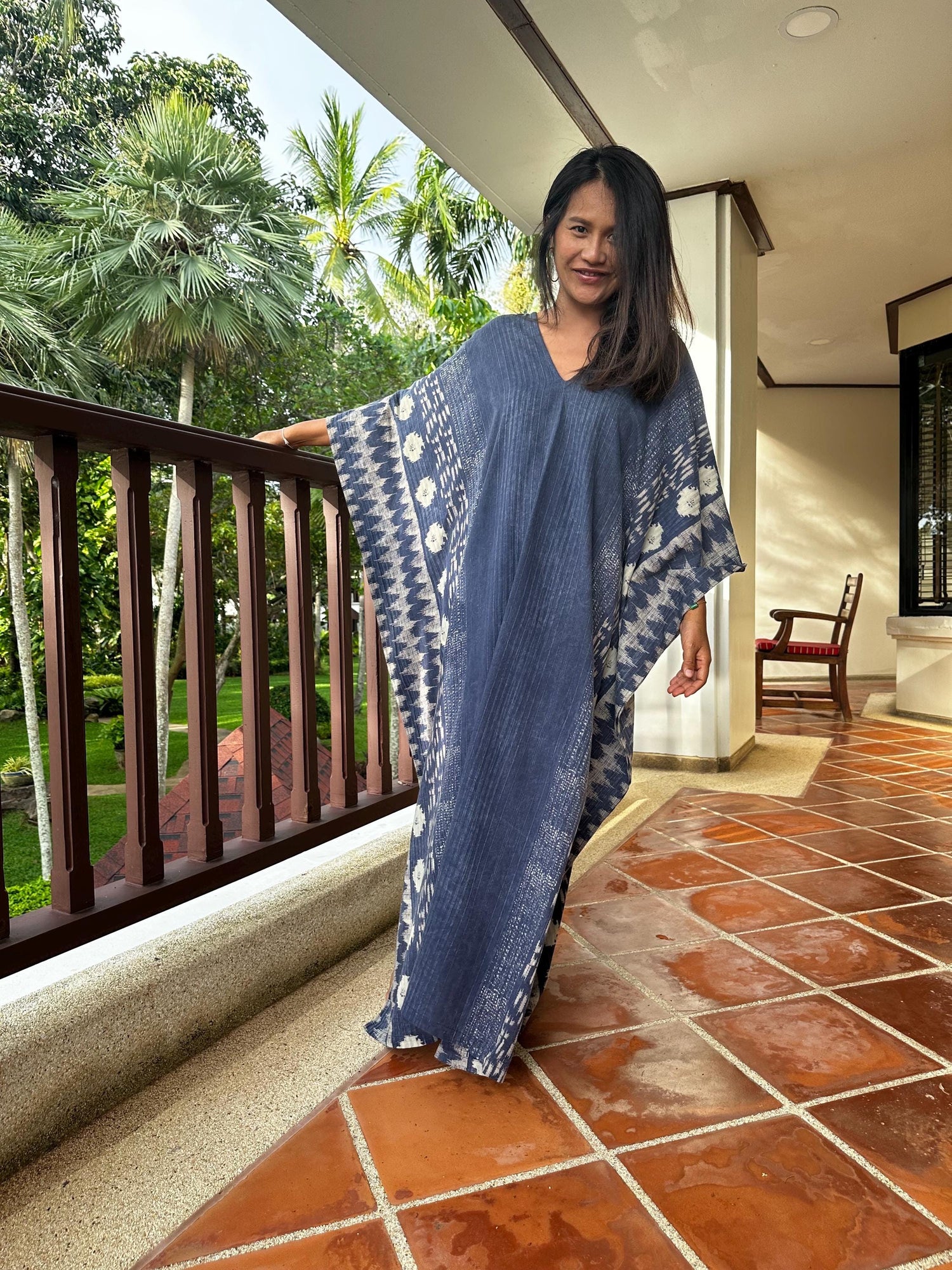Evelyn Cotton Kaftan in Indigo Tessera