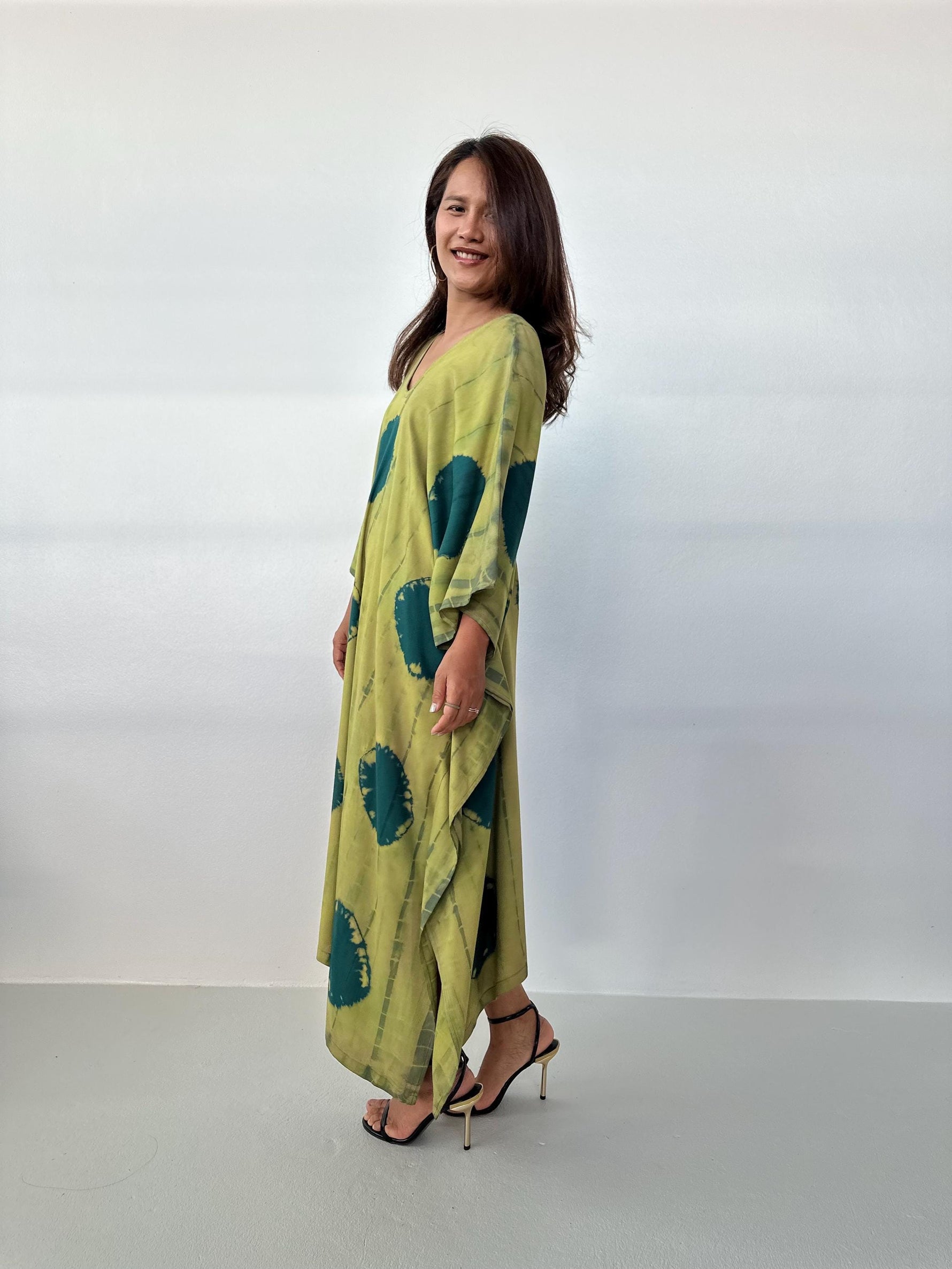Mala Handworks Mala Kaftan in Lime & Jade Polka Dot Tie Dye