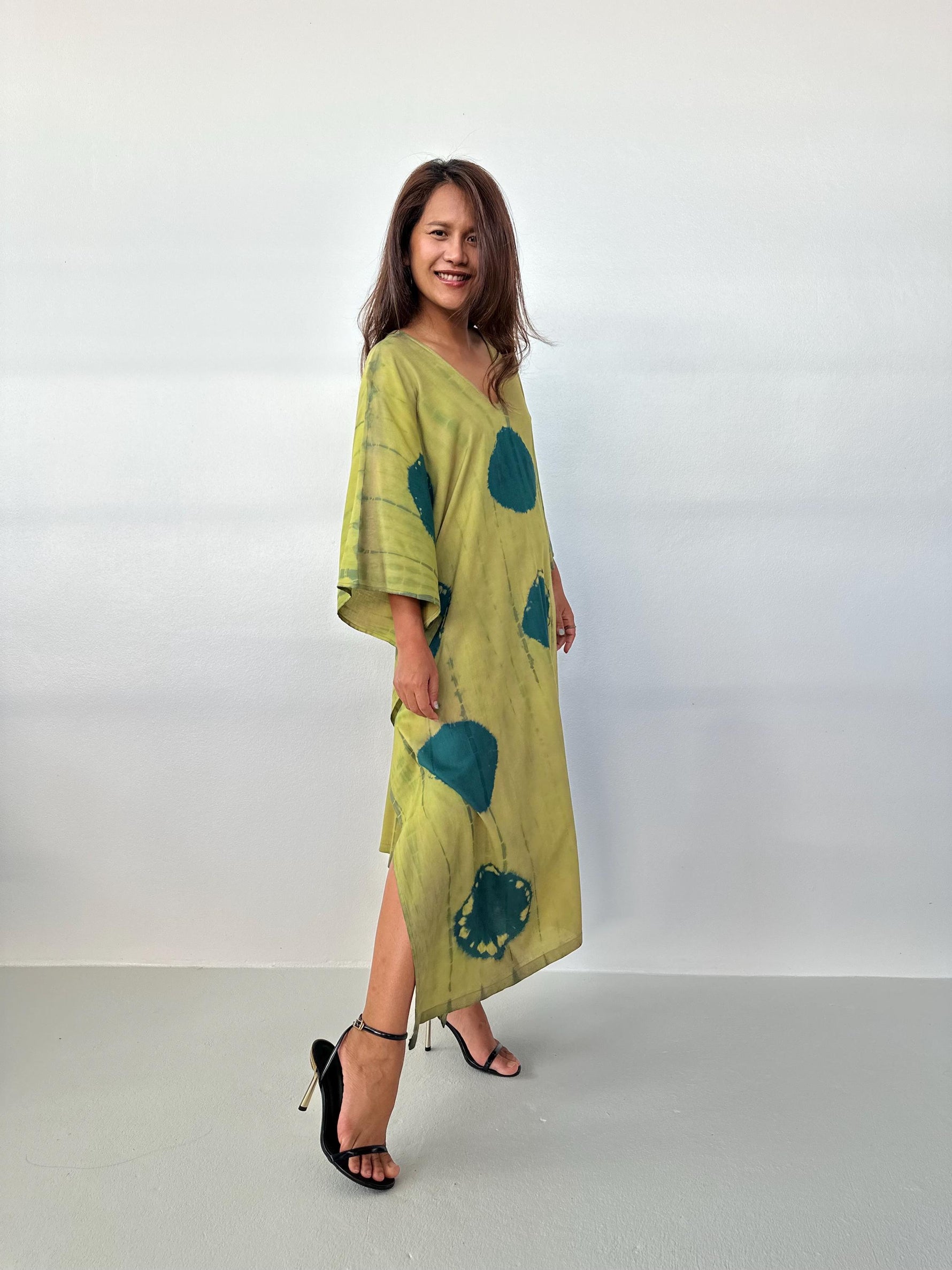 Mala Handworks Mala Kaftan in Lime & Jade Polka Dot Tie Dye
