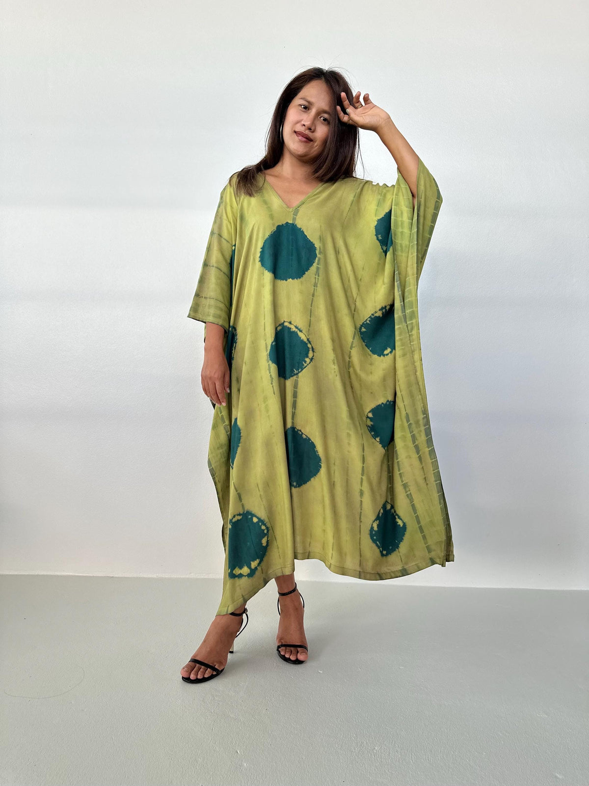 Mala Handworks Mala Kaftan in Lime & Jade Polka Dot Tie Dye