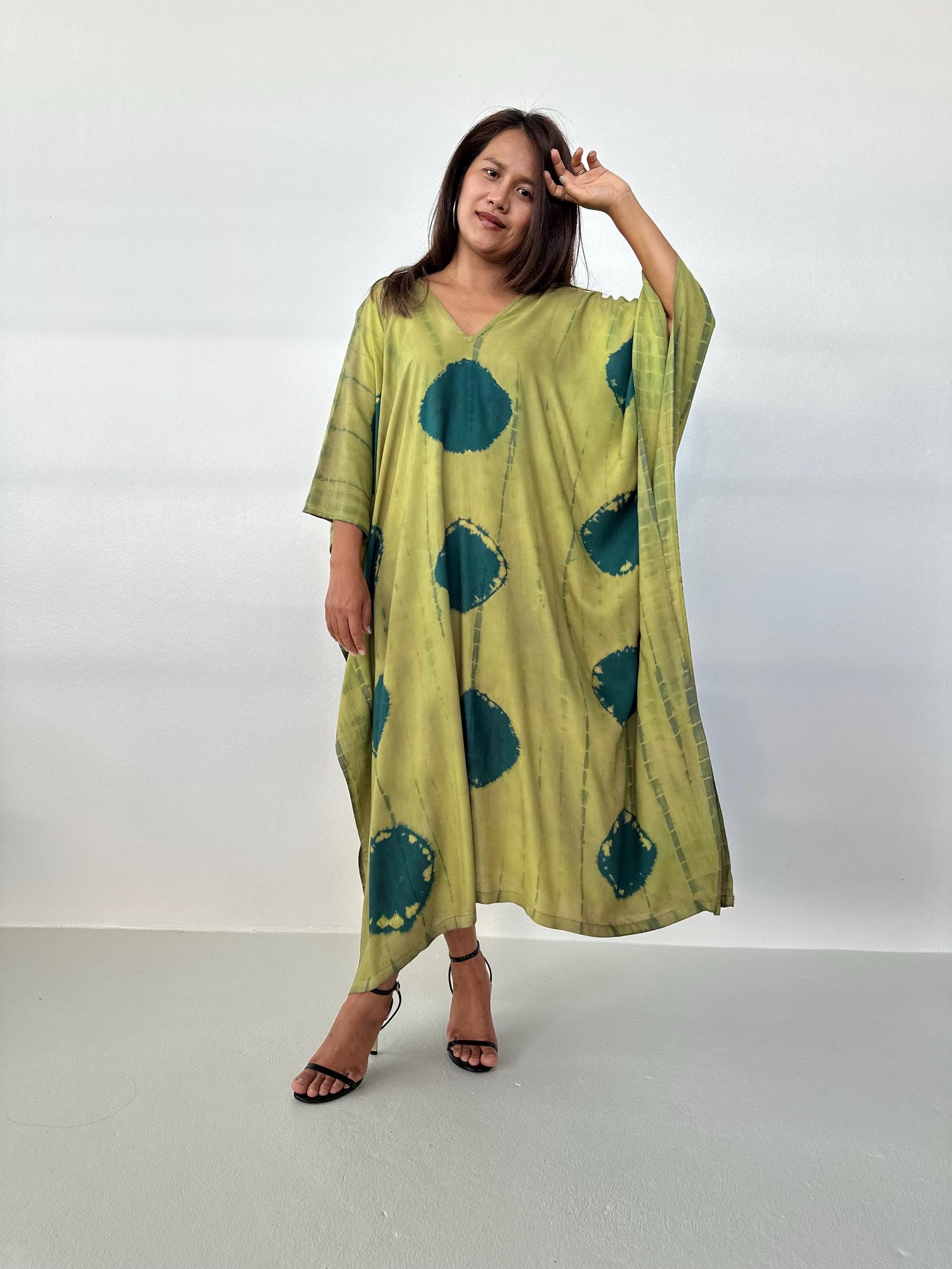 Mala Handworks Mala Kaftan in Lime & Jade Polka Dot Tie Dye
