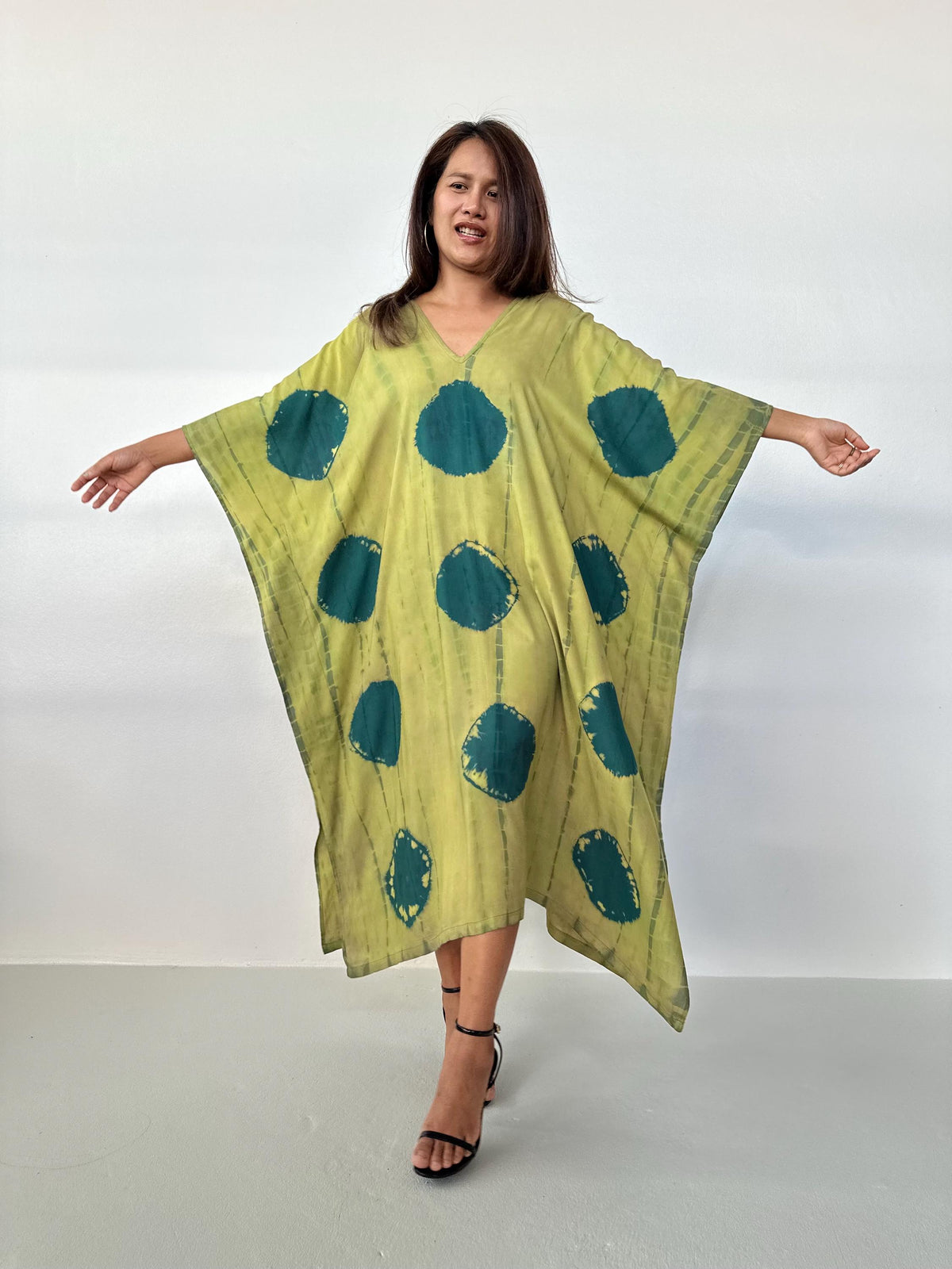 Mala Handworks Mala Kaftan in Lime & Jade Polka Dot Tie Dye