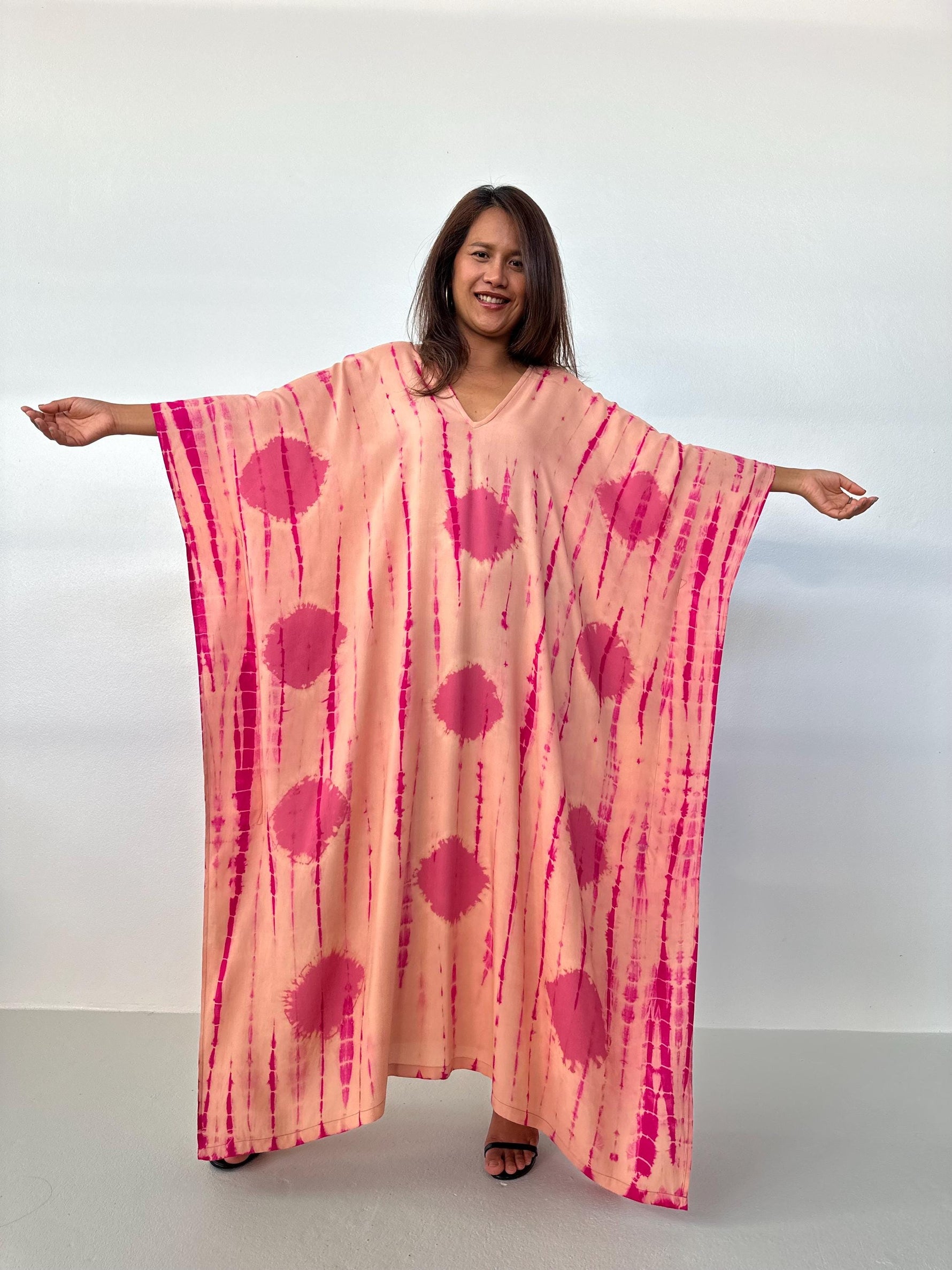 Mala Handworks Mala Kaftan in Peach & Watermelon Polka Dot Tie Dye