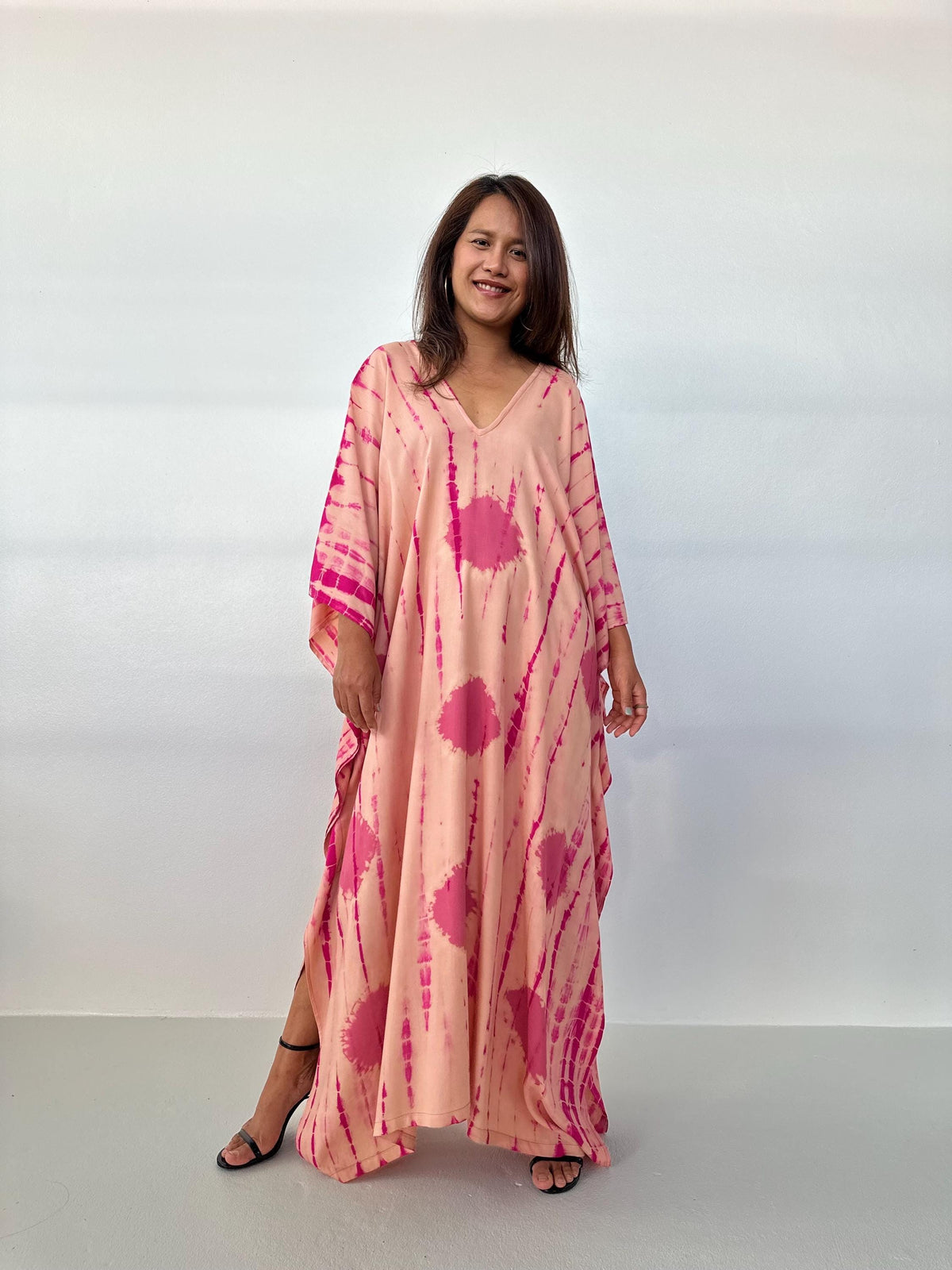 Mala Handworks Mala Kaftan in Peach & Watermelon Polka Dot Tie Dye