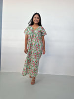 Mala Handworks Callie Petite Cotton Kaftan in Mint & Rose Floral