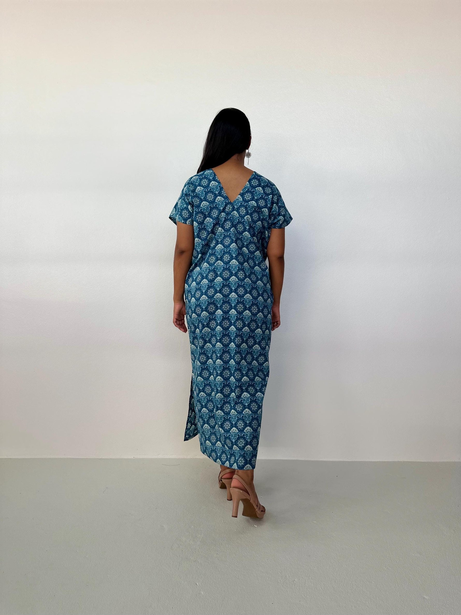 Mala Handworks Callie Petite Cotton Kaftan in Azure Paisley