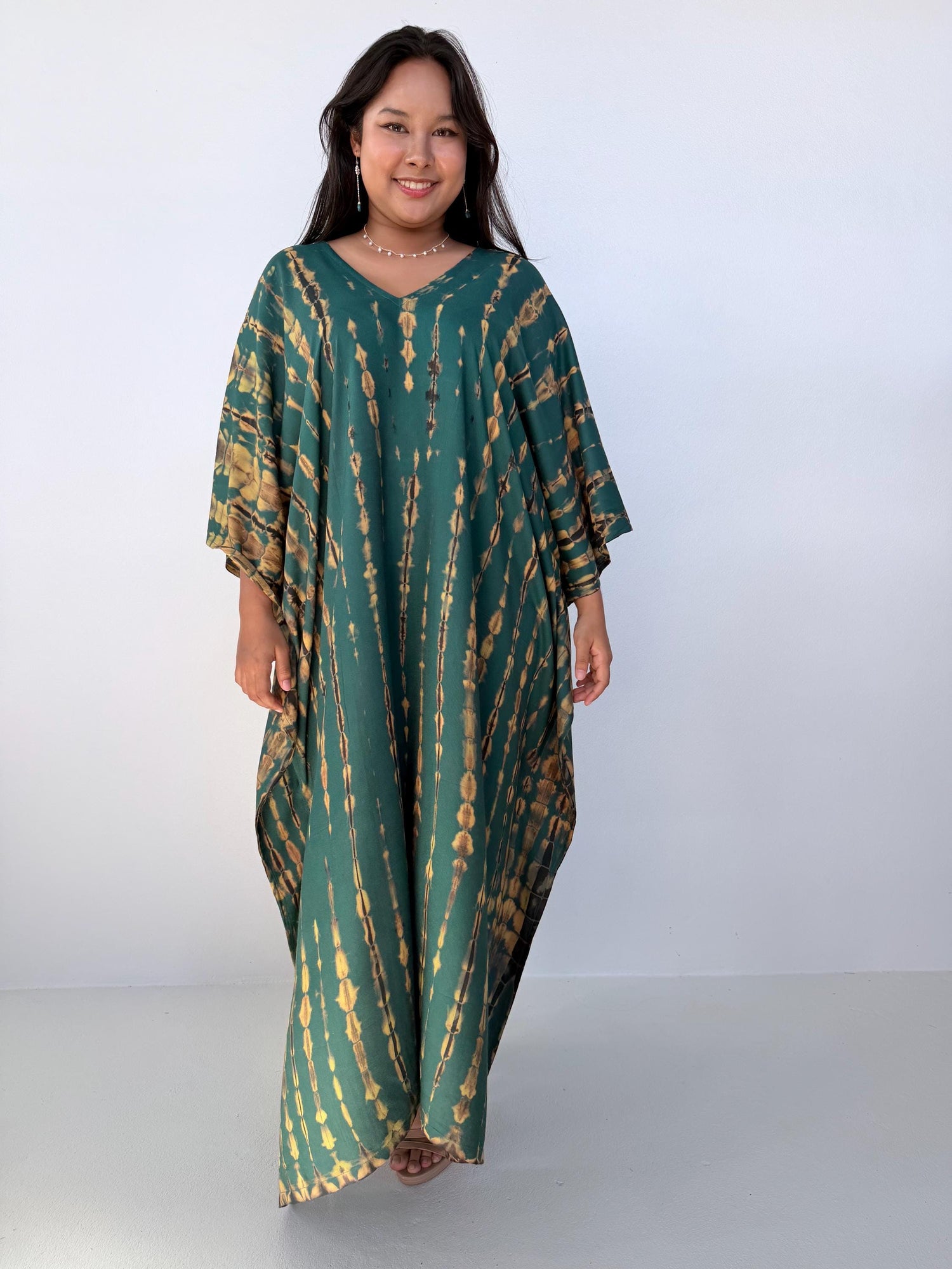 MaLa Kaftan in Green with Yellow Tie Dye