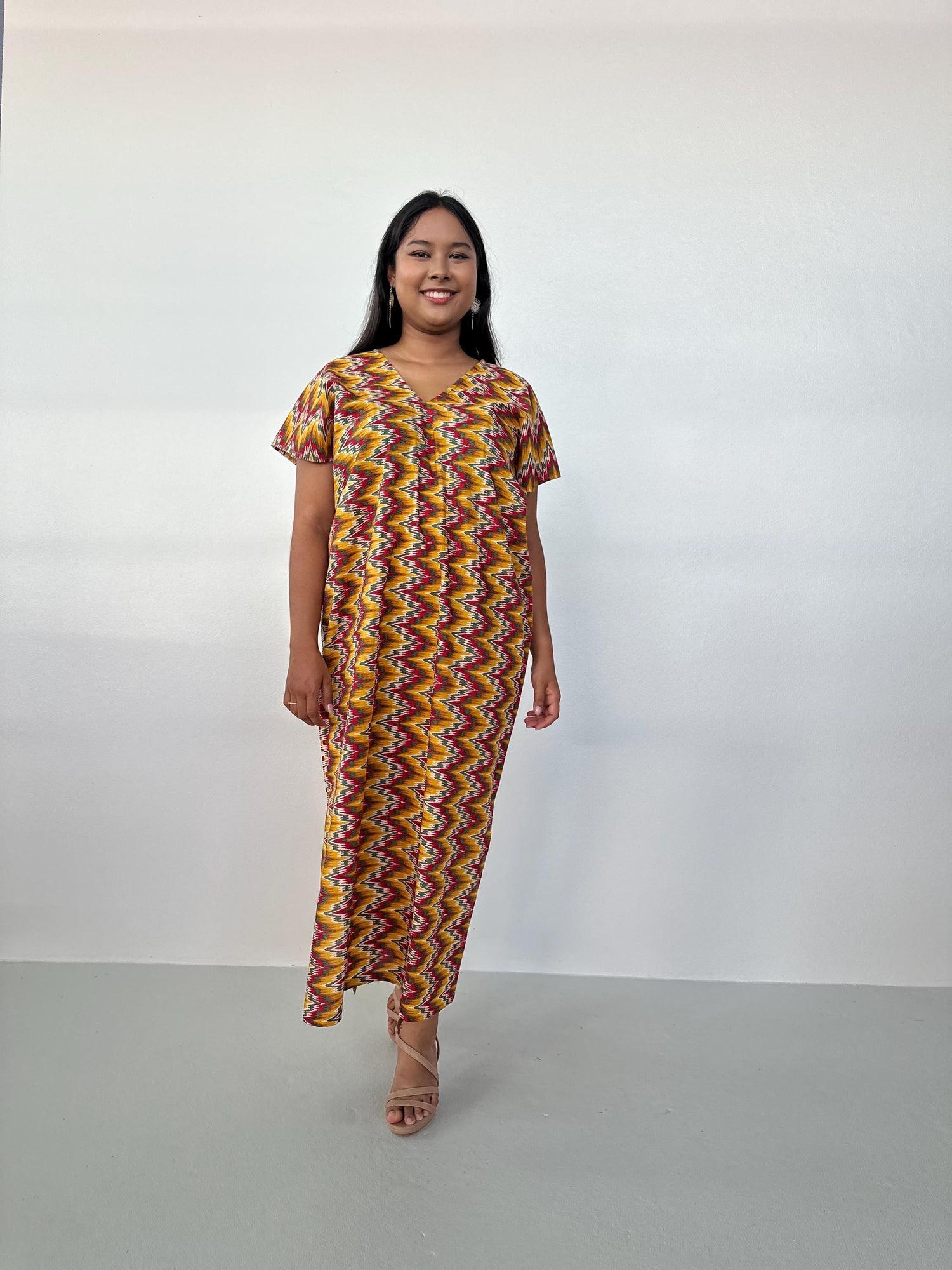 Callie Petite Cotton Kaftan in Turmeric & Raspberry Chevron