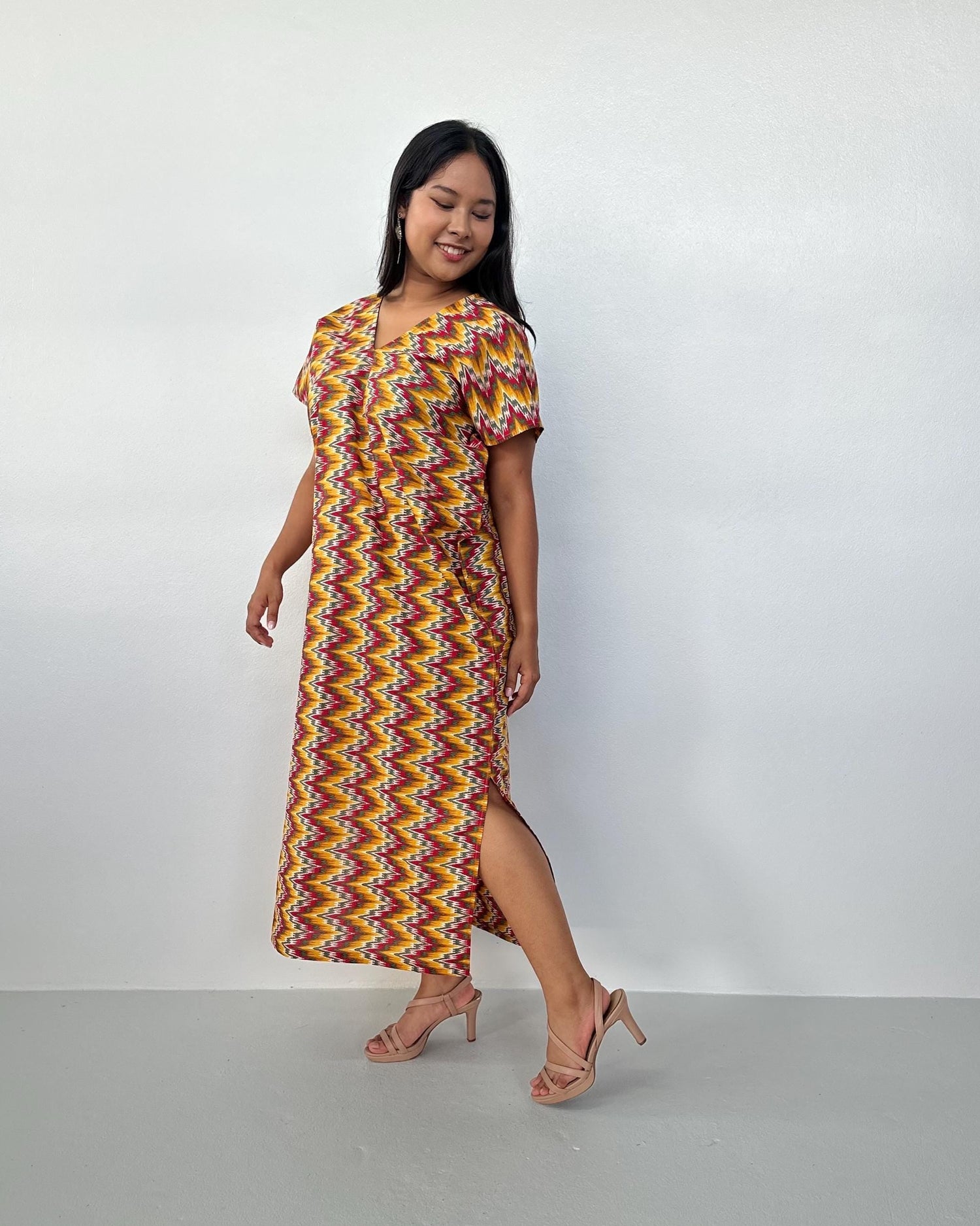 Callie Petite Cotton Kaftan in Turmeric & Raspberry Chevron
