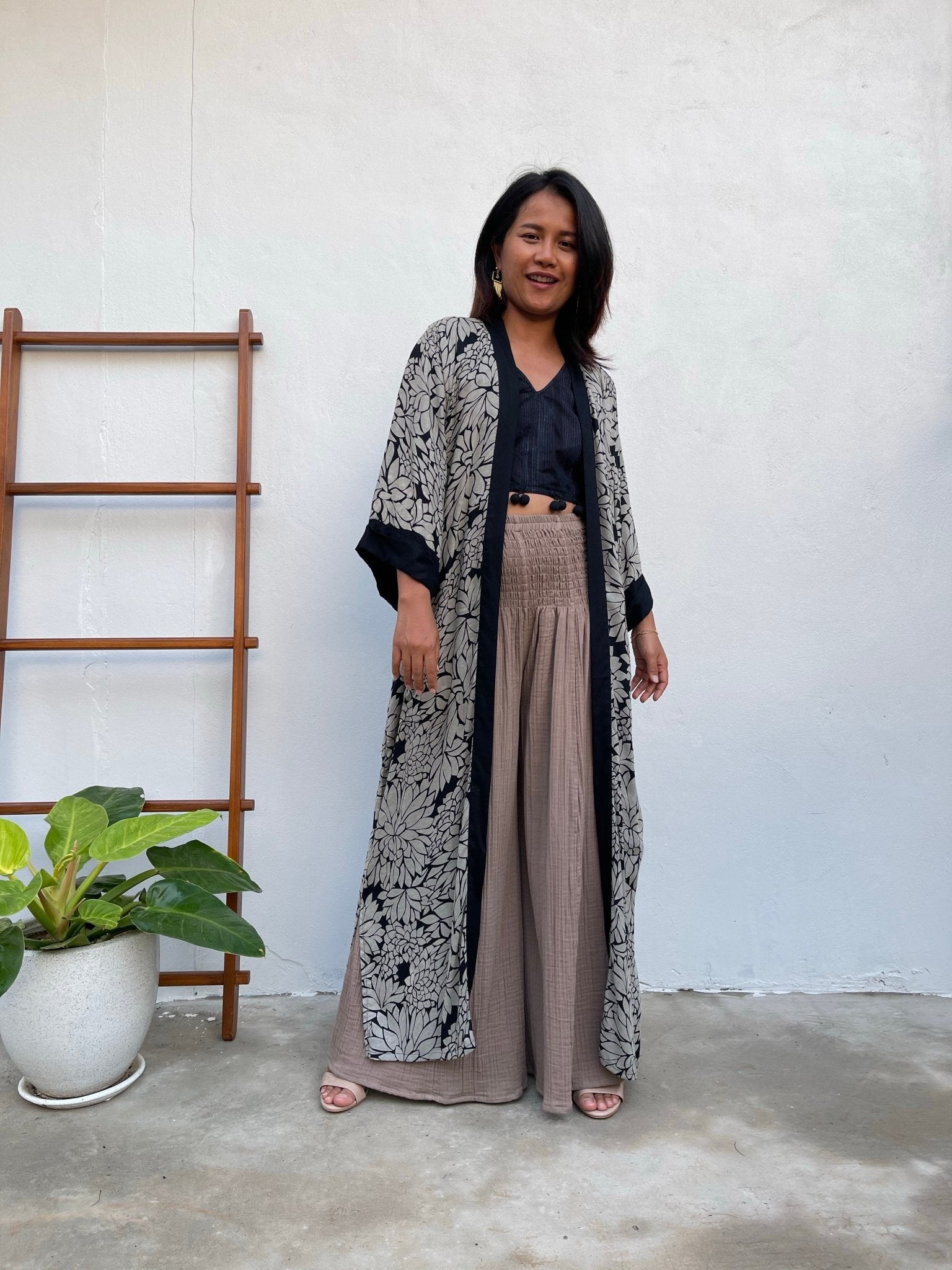 MALA handworks  Kara Robe in Black and Silkscreen Floral Print