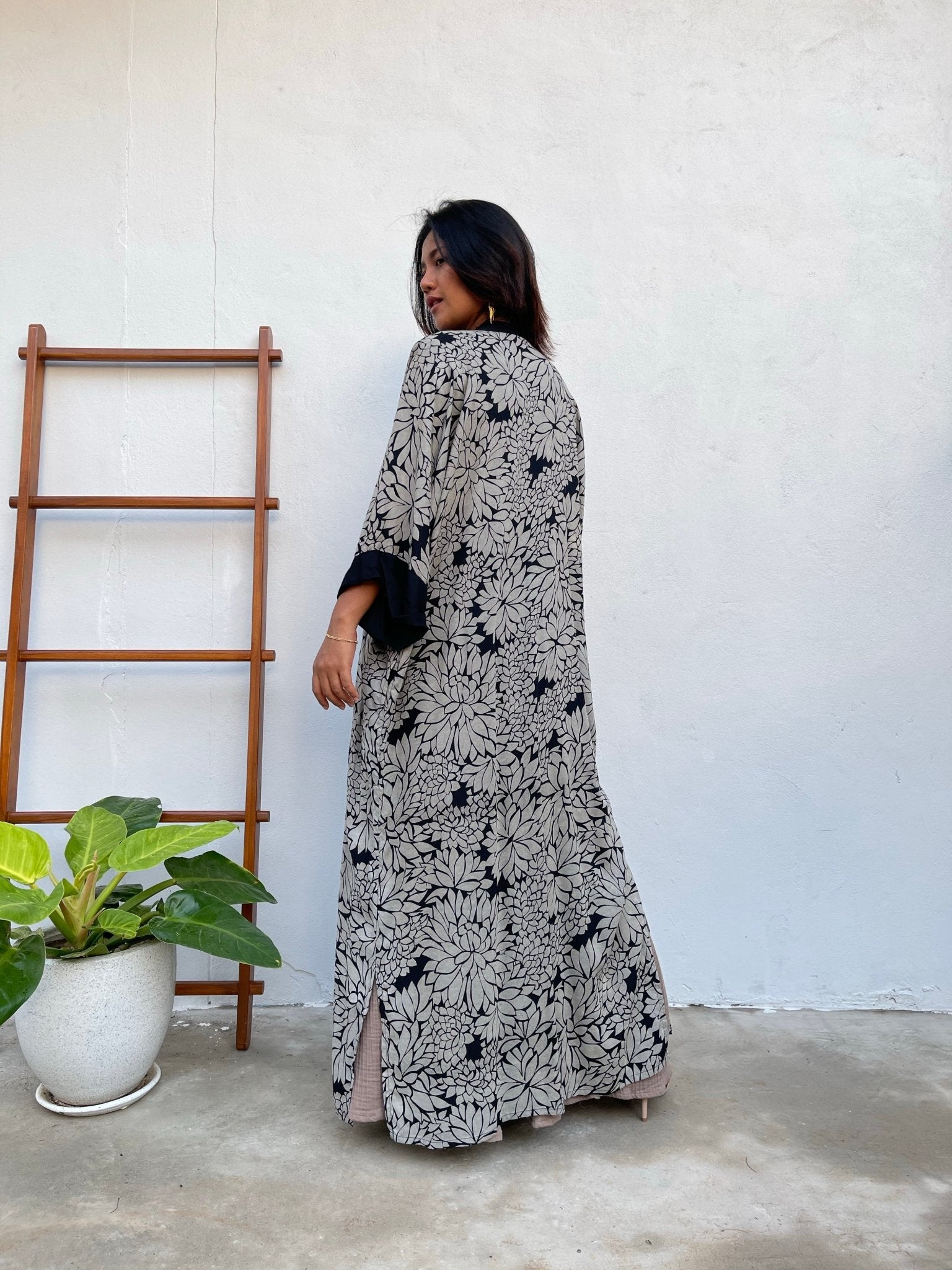 MALA handworks  Kara Robe in Black and Silkscreen Floral Print