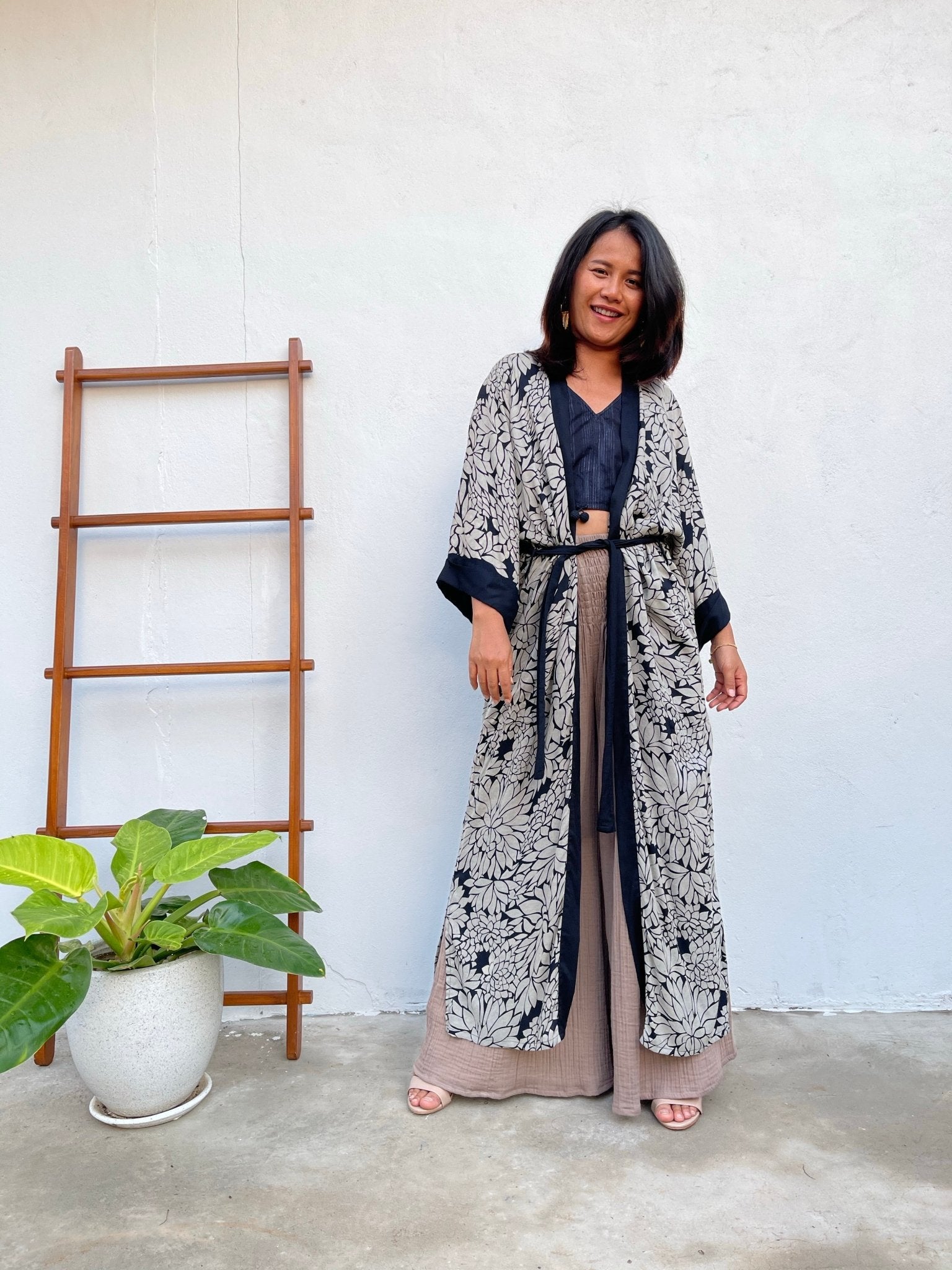 MALA handworks  Kara Robe in Black and Silkscreen Floral Print