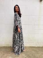 MALA handworks Luna Kaftan in Black and Abstract Silkscreen
