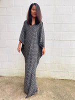 MALA handworks Luna Kaftan in Black and Geometric Silkscreen