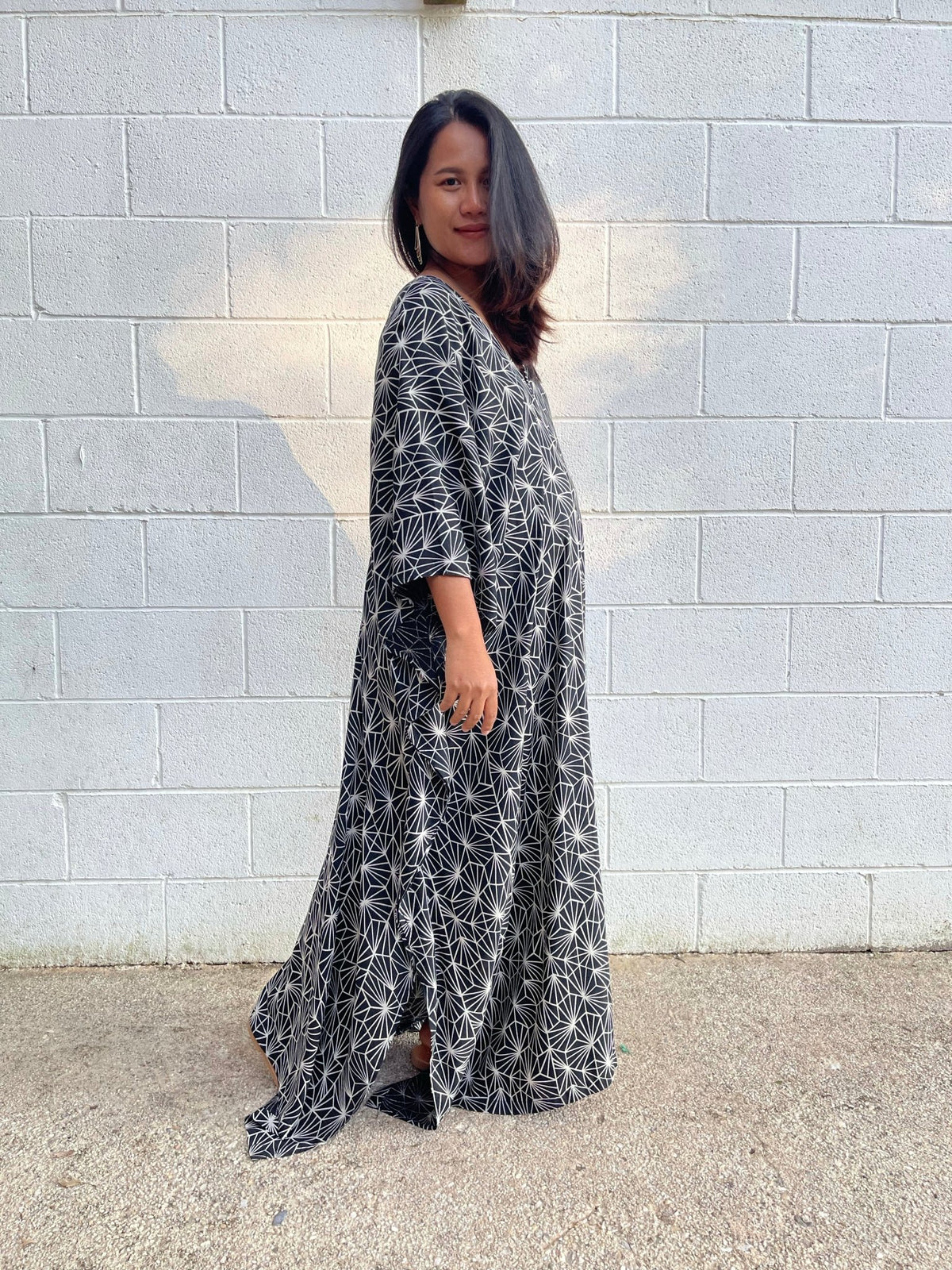 MALA handworks Luna Kaftan in Black and Geometric Silkscreen