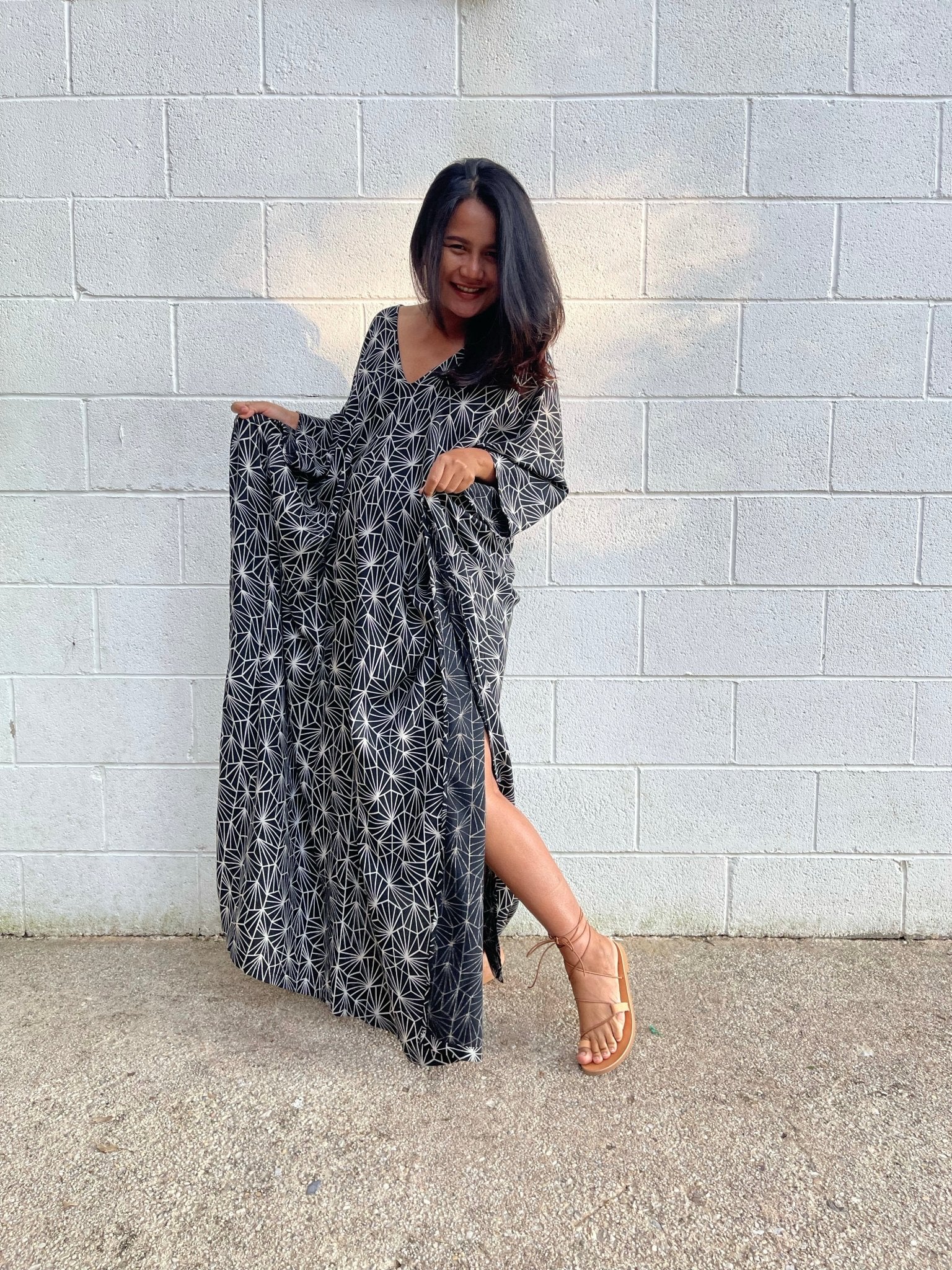 MALA handworks Luna Kaftan in Black and Geometric Silkscreen