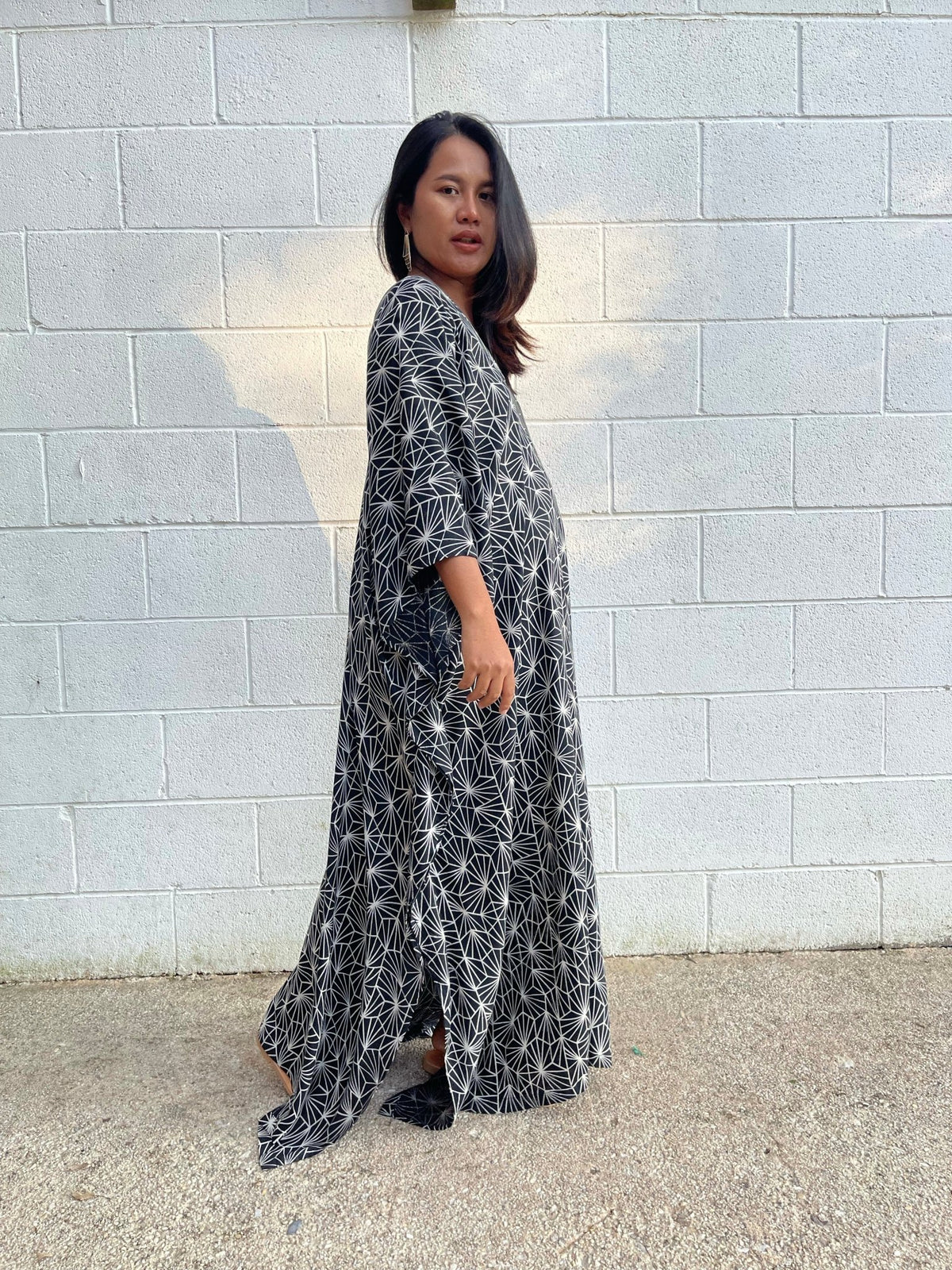 MALA handworks Luna Kaftan in Black and Geometric Silkscreen