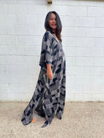 MALA handworks Luna Kaftan in Black and Geometric Silkscreen