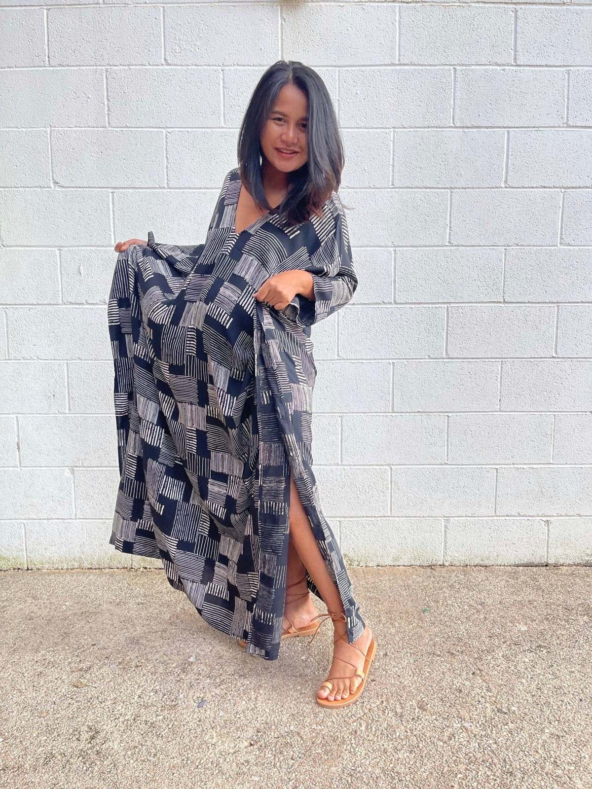 MALA handworks Luna Kaftan in Black and Geometric Silkscreen