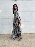 MALA handworks Luna Kaftan in Black and Geometric Silkscreen