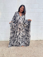 Luna Black with Hand Silkscreened Geometric Pattern Kaftan - Mala Handworks