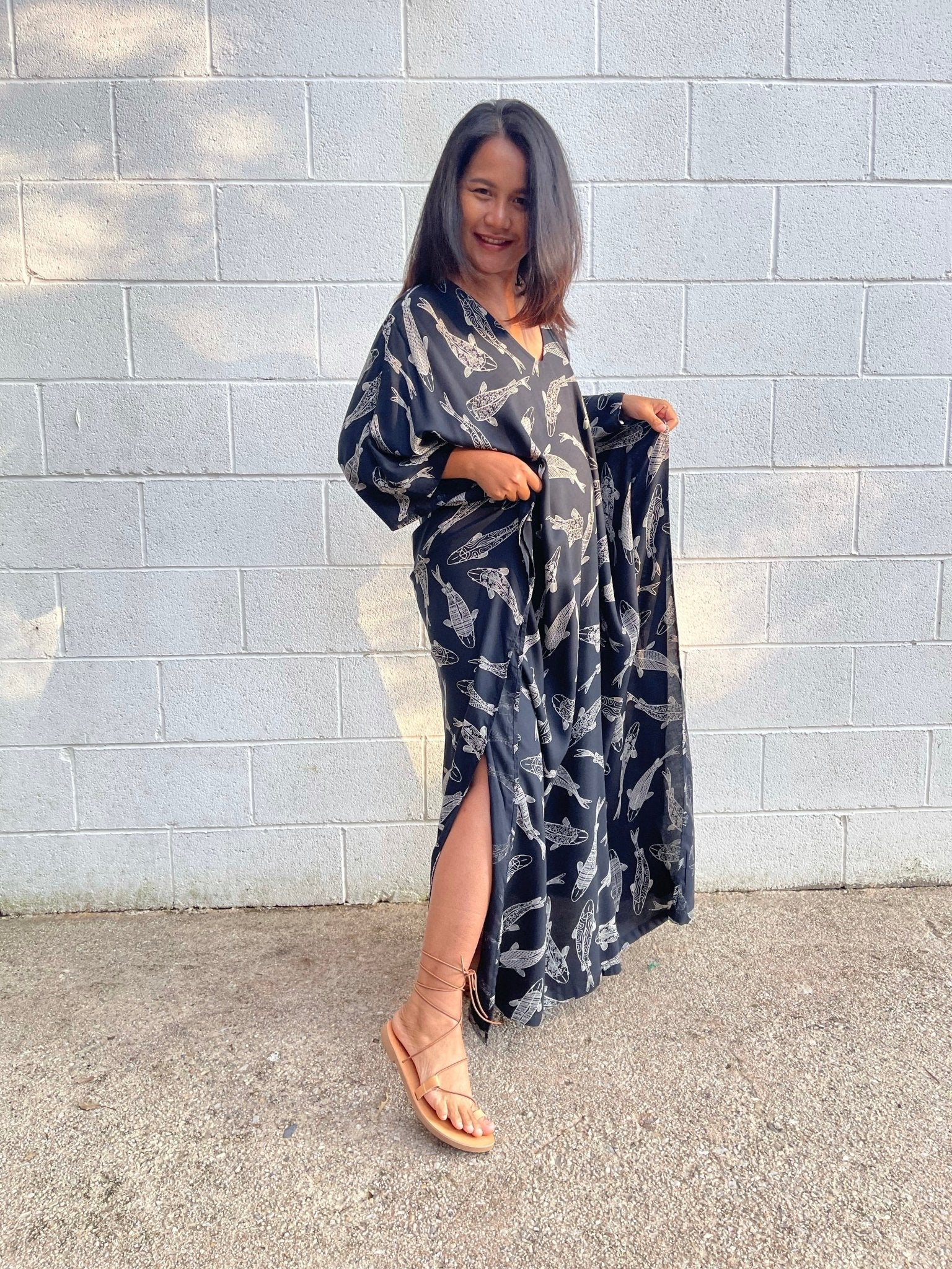 MALA handworks Luna Kaftan in Black and Lucky Fish Silkscreen