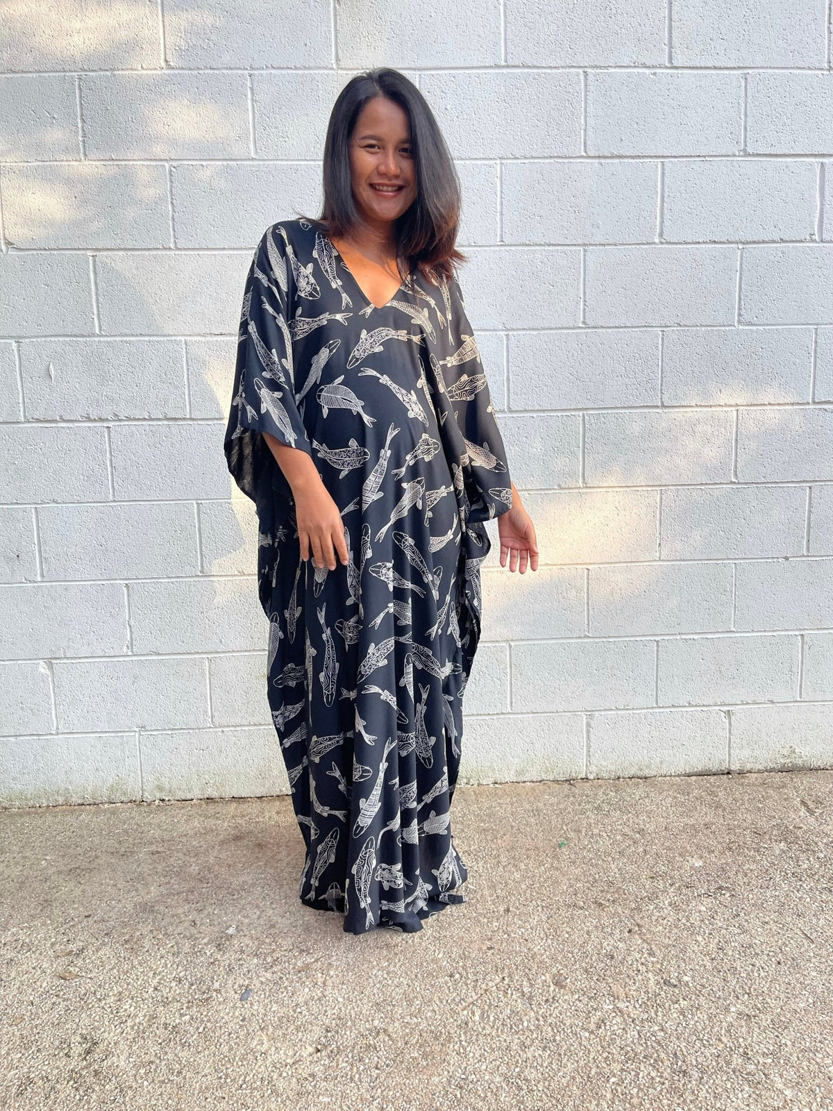 MALA handworks Luna Kaftan in Black and Lucky Fish Silkscreen