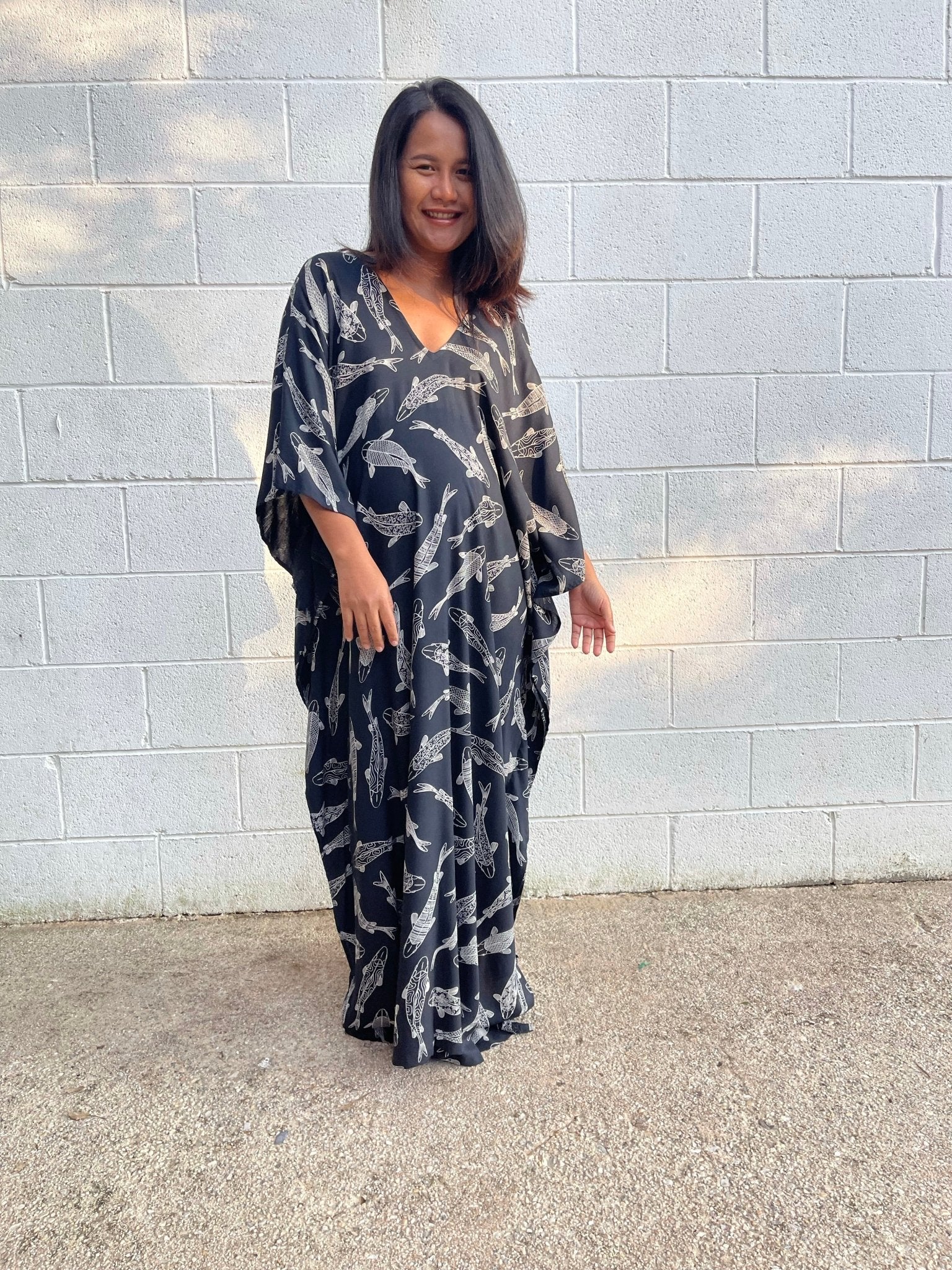 MALA handworks Luna Kaftan in Black and Lucky Fish Silkscreen