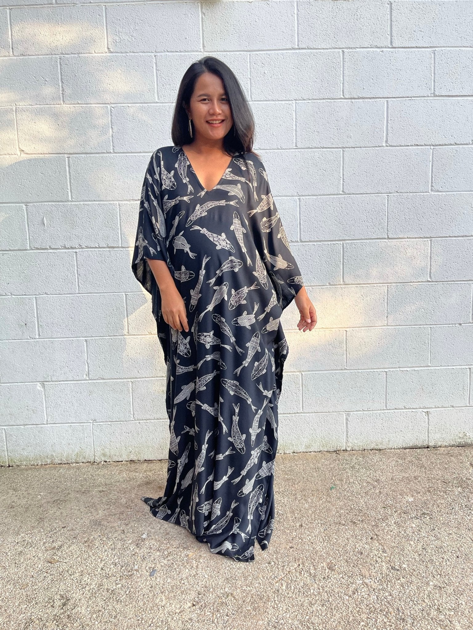 MALA handworks Luna Kaftan in Black and Lucky Fish Silkscreen