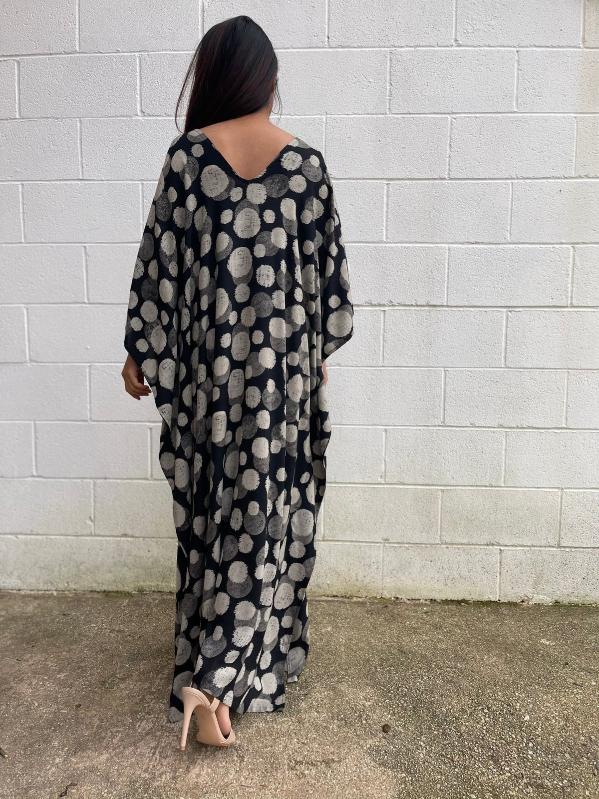 MALA handworks Luna Kaftan in Black and Orbs Silkscreen