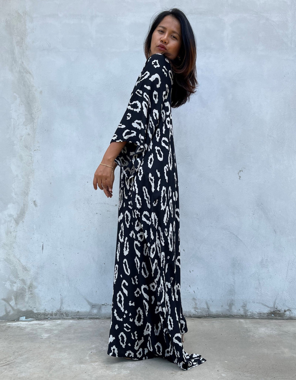 MALA handworks Luna Kaftan in Black and Pattern Silkscreen
