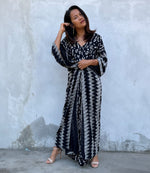 MALA handworks Luna Kaftan in Black and Pattern Silkscreen