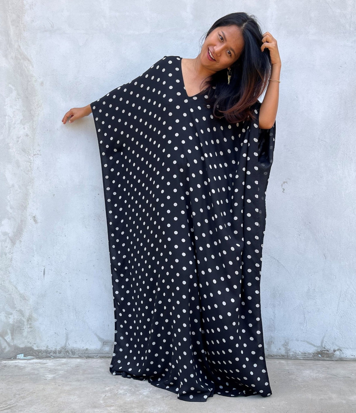 MALA handworks Luna Kaftan in Black and Polka Dot Silkscreen