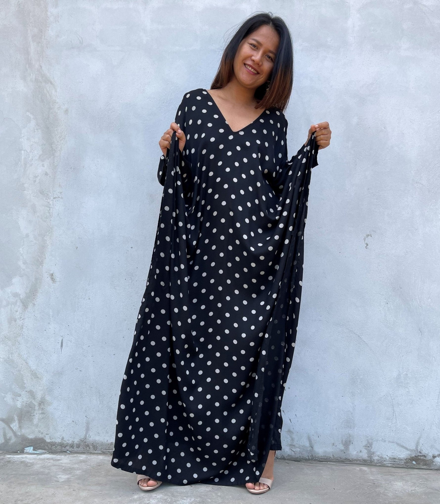MALA handworks Luna Kaftan in Black and Polka Dot Silkscreen