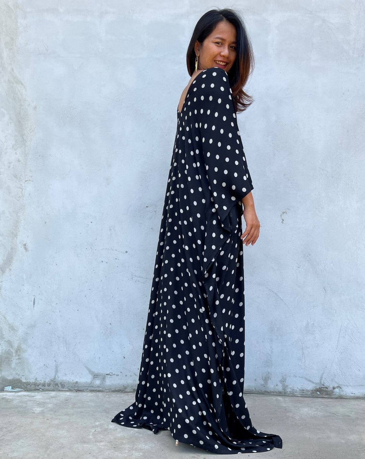 MALA handworks Luna Kaftan in Black and Polka Dot Silkscreen