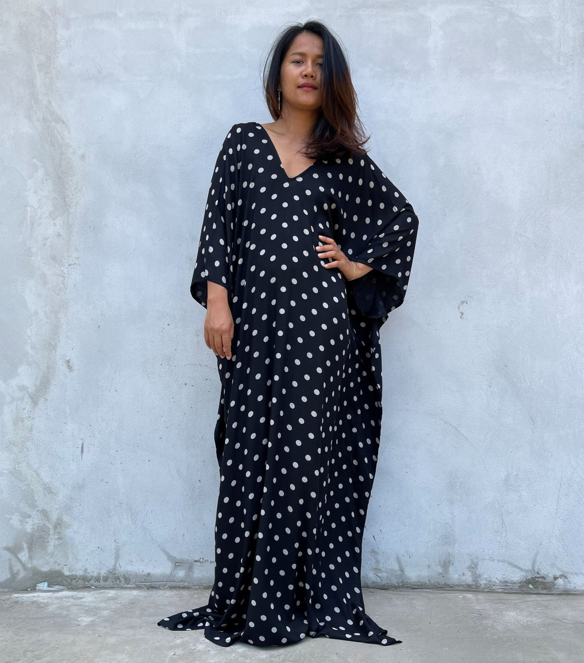 MALA handworks Luna Kaftan in Black and Polka Dot Silkscreen