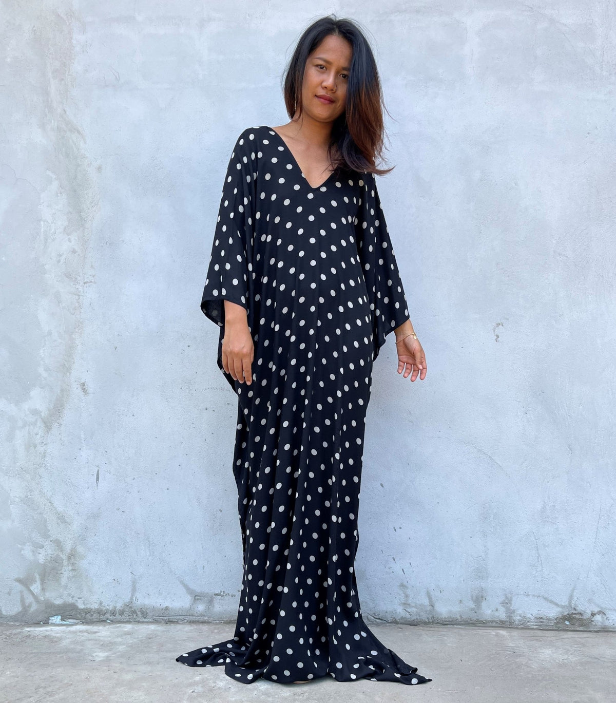 MALA handworks Luna Kaftan in Black and Polka Dot Silkscreen