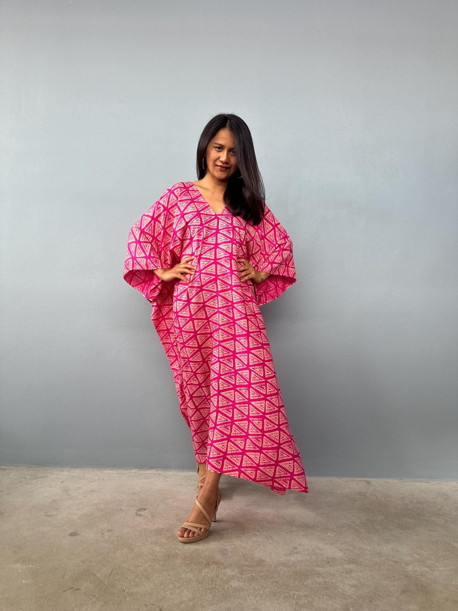 Mala Handworks  Luna Fuchsia Kaftan with Print Screened Prism Mosaic Pattern