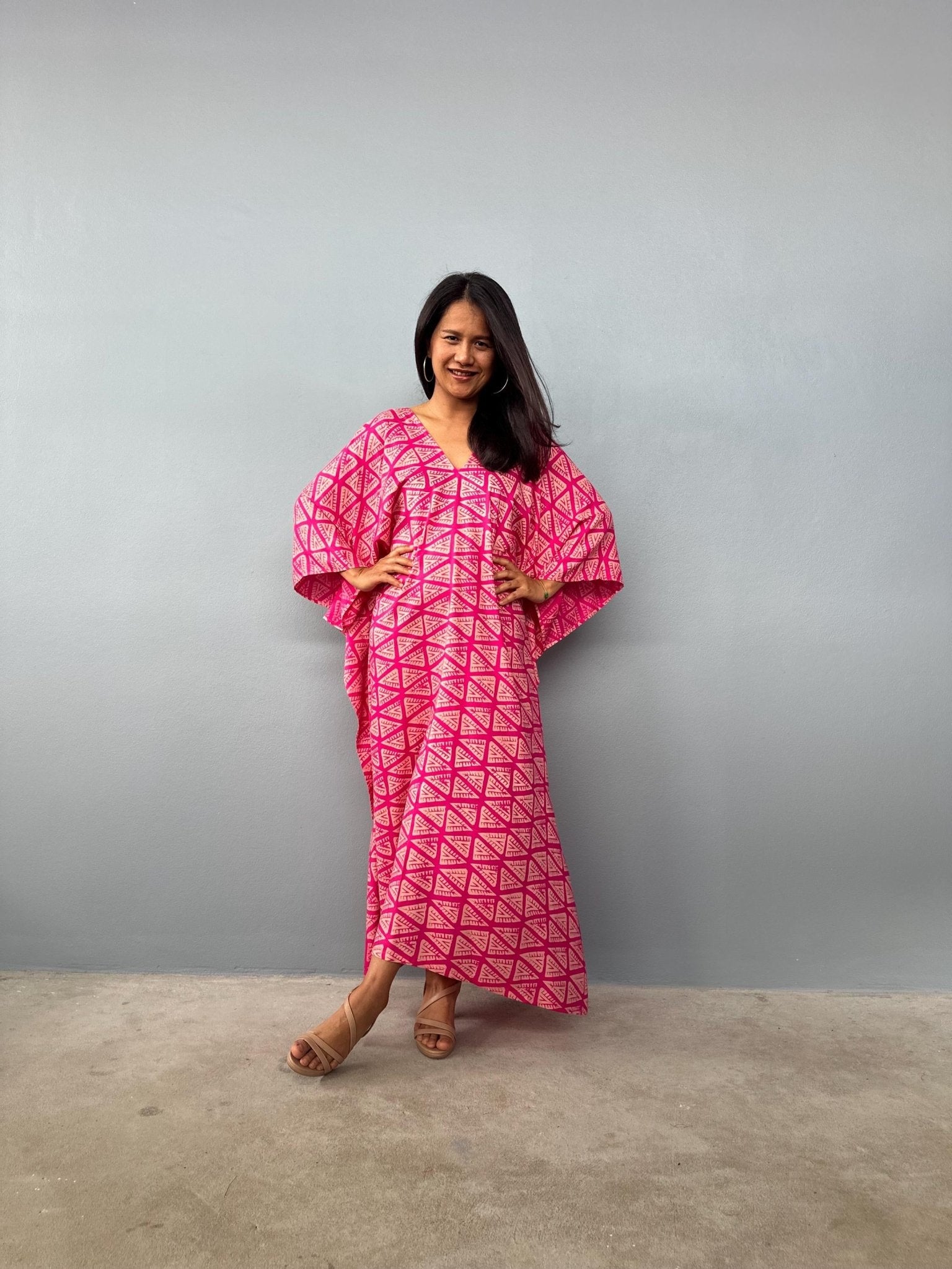 Mala Handworks  Luna Fuchsia Kaftan with Print Screened Prism Mosaic Pattern