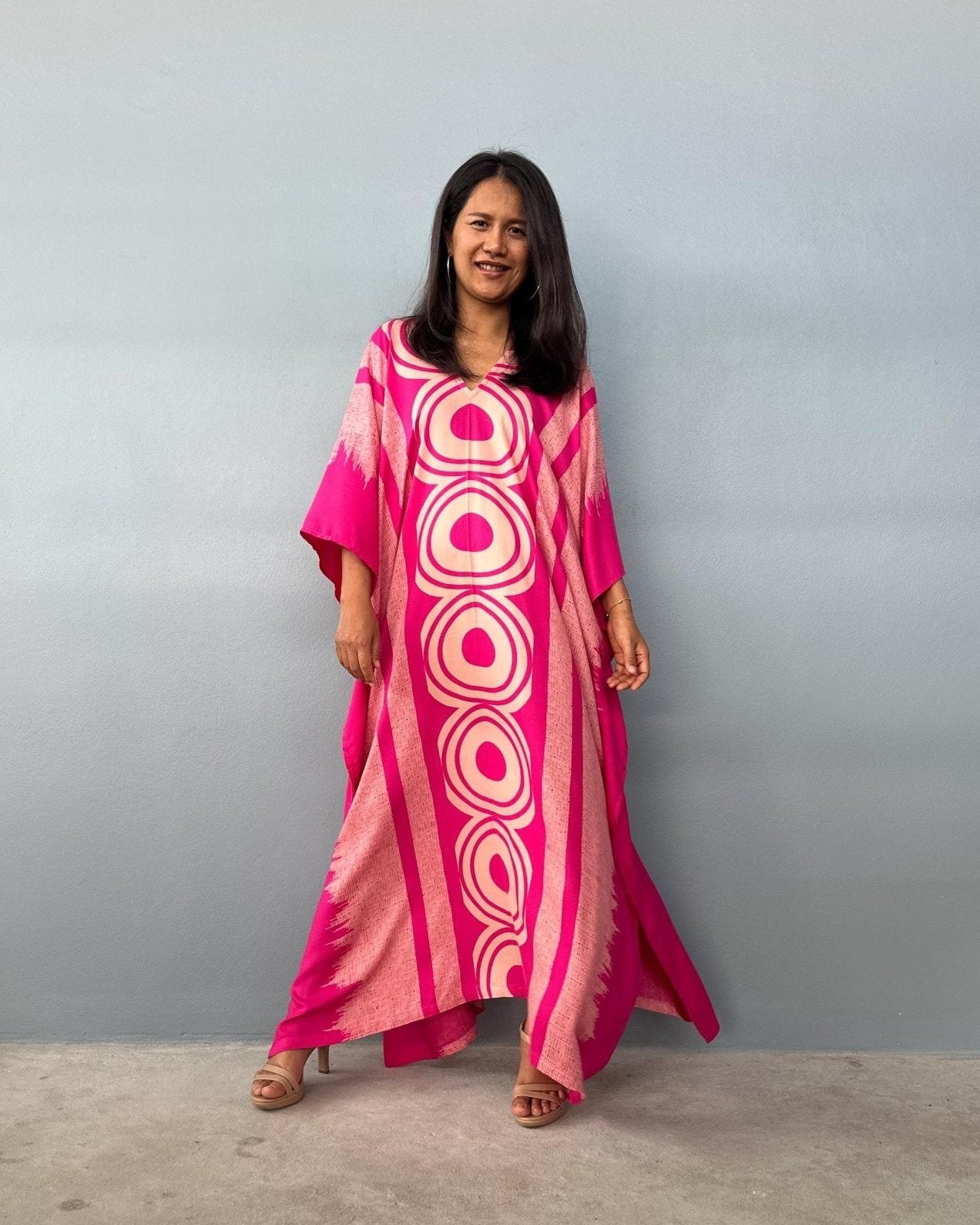Mala Handworks  Luna Hand Printscreen Kaftan in Fuschia Echoeye Pattern