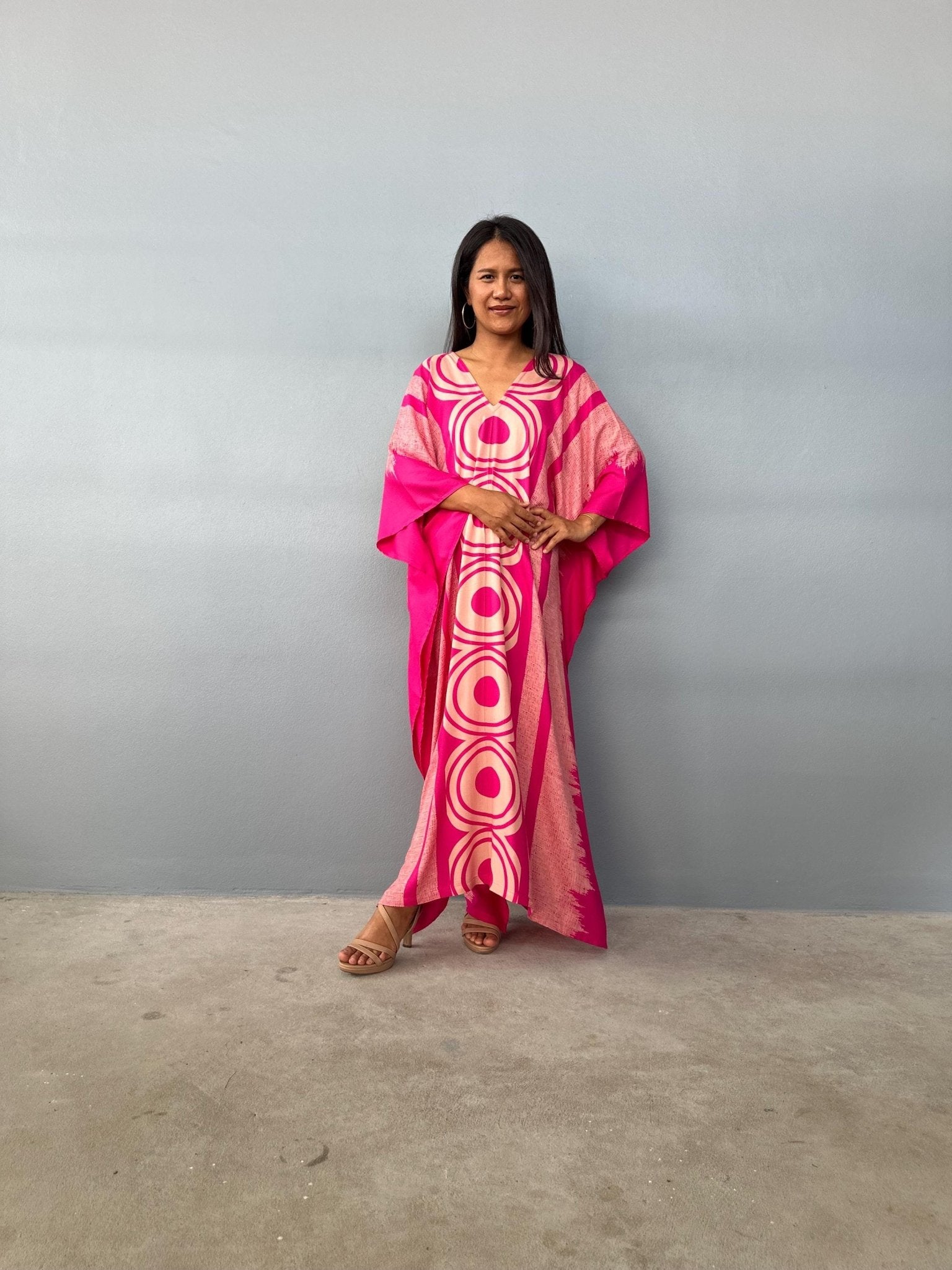 Mala Handworks  Luna Hand Printscreen Kaftan in Fuschia Echoeye Pattern