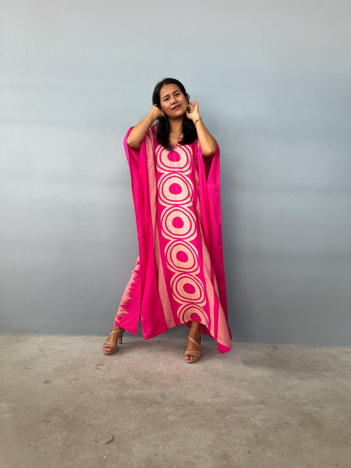 Mala Handworks  Luna Hand Printscreen Kaftan in Fuschia Echoeye Pattern