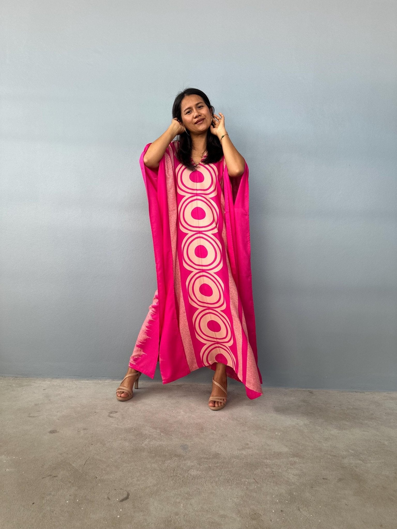 Mala Handworks  Luna Hand Printscreen Kaftan in Fuschia Echoeye Pattern