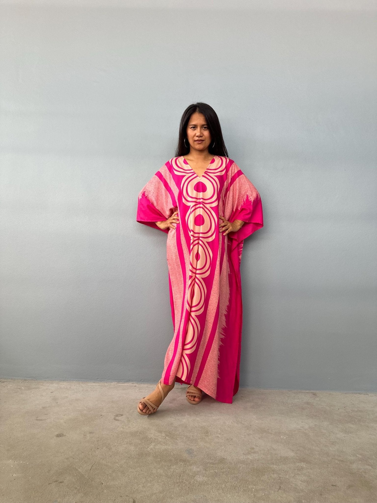 Mala Handworks  Luna Hand Printscreen Kaftan in Fuschia Echoeye Pattern